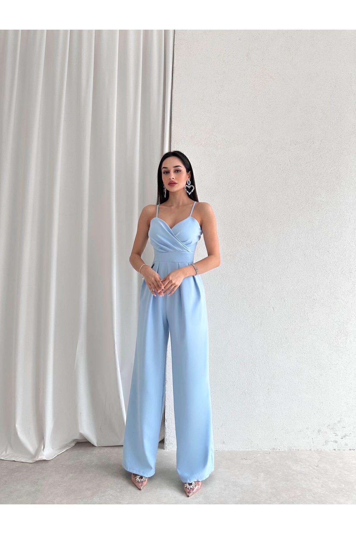 Kadın Tulum Elbise Krep Saten Kumaş Askılı Kruvaze Yaka Geniş Paça Bebe Mavisi Abiye Tulum Misscix