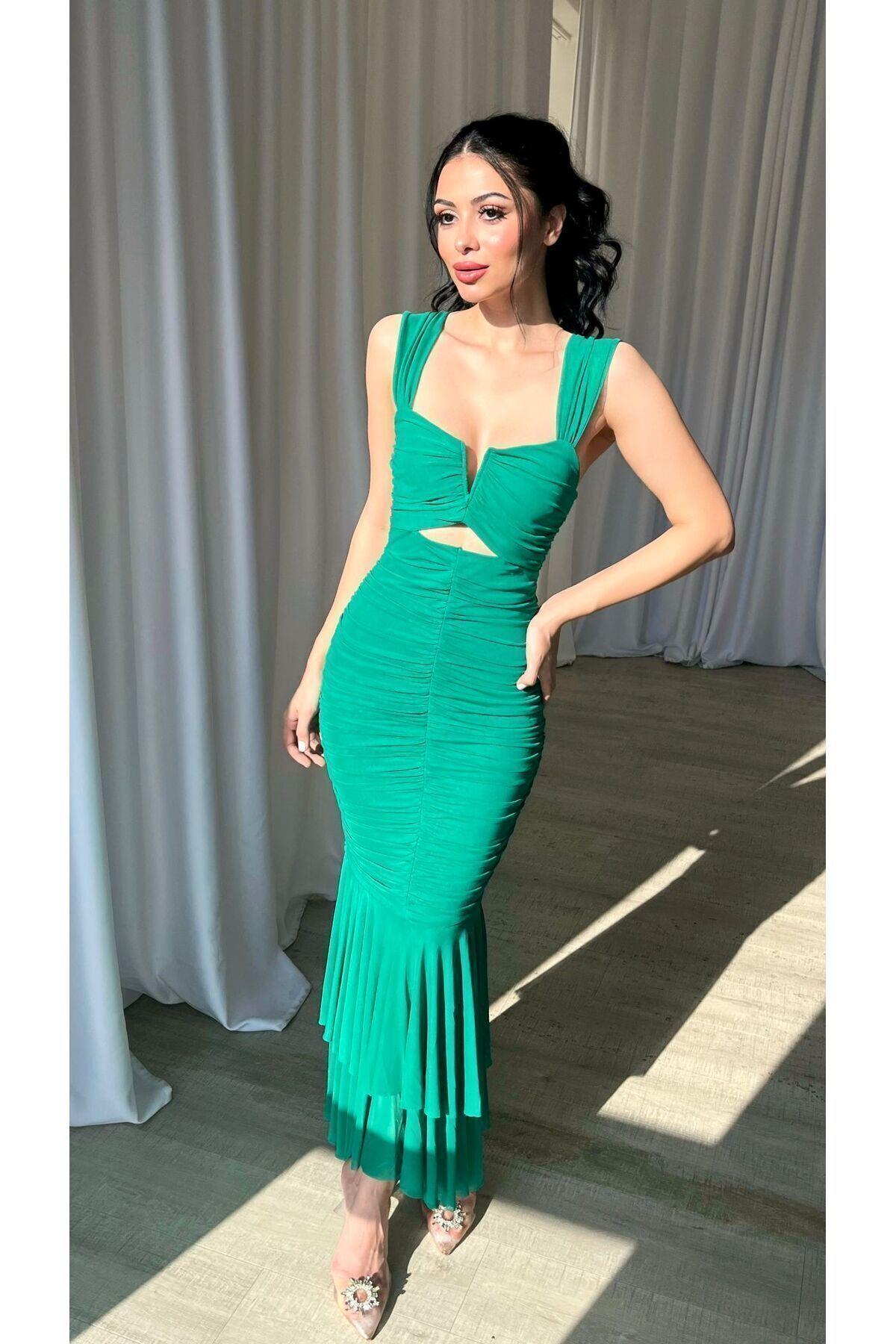 Kalın Askılı Boydan Sık Drapeli Göbek Pencere Detay Midi Bodycon Elbise - Abiye & Mezuniyet Elbisesi