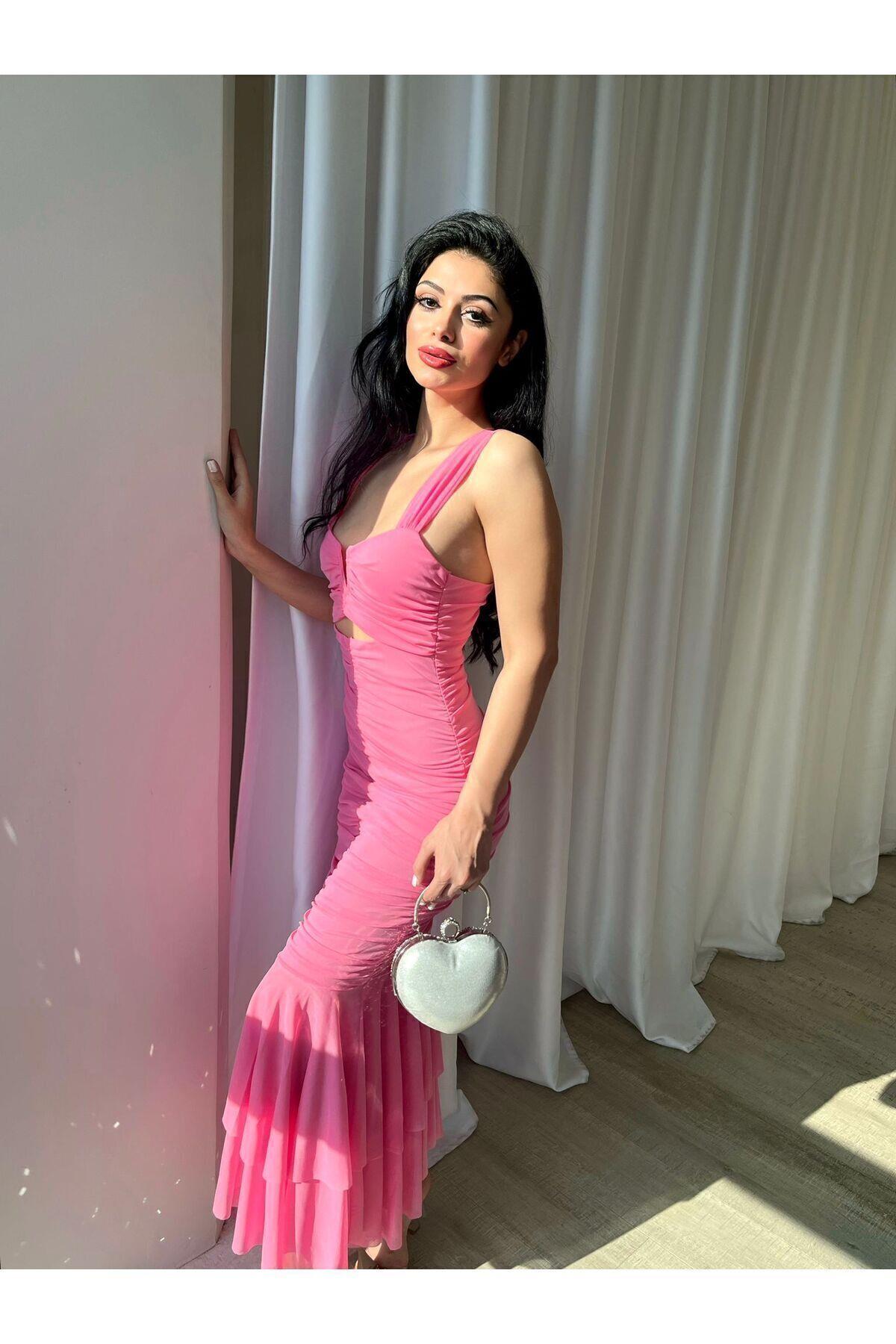 Kalın Askılı Boydan Sık Drapeli Göbek Pencere Detay Midi Bodycon Elbise - Abiye & Mezuniyet Elbisesi