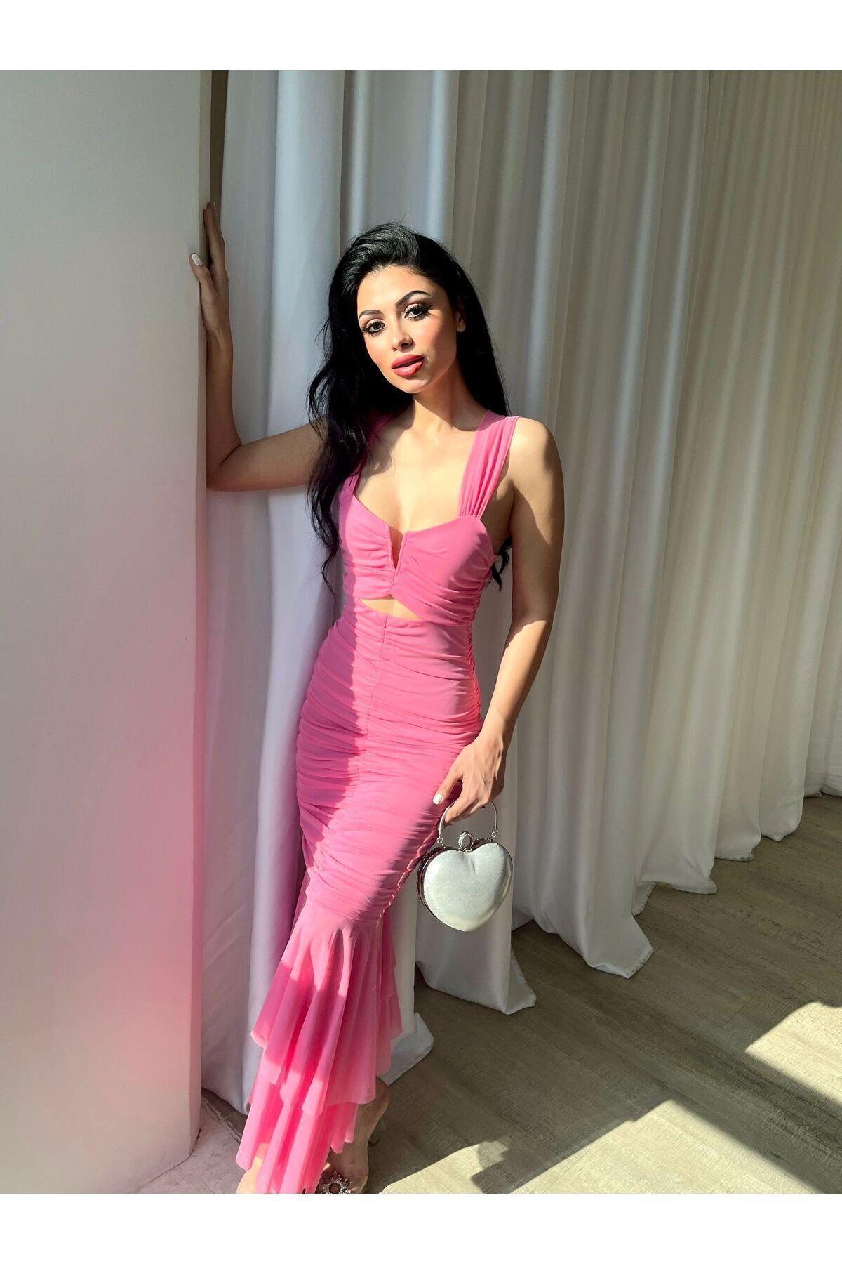 Kalın Askılı Boydan Sık Drapeli Göbek Pencere Detay Midi Bodycon Elbise - Abiye & Mezuniyet Elbisesi