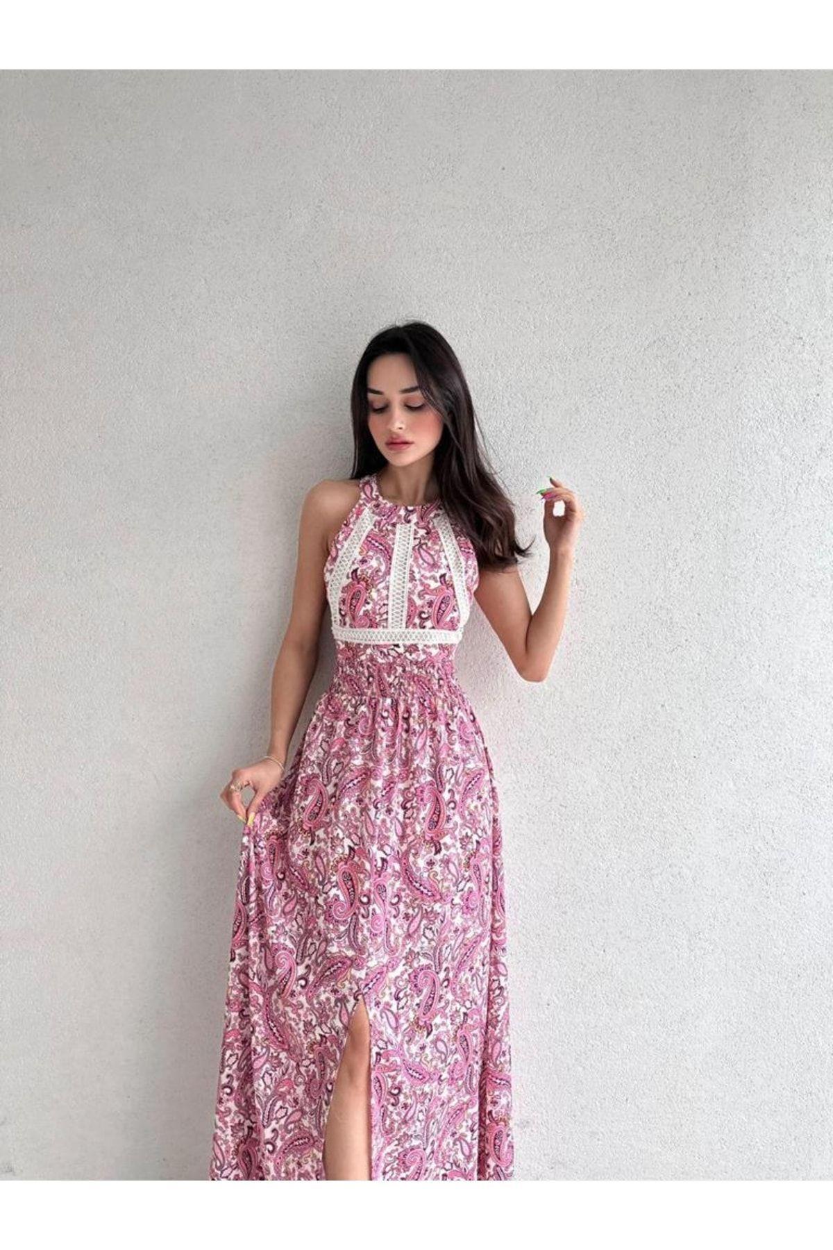 Şal Desenli Sırt Dekolteli Midi Boy Pembe Elbise Etnik Desenli