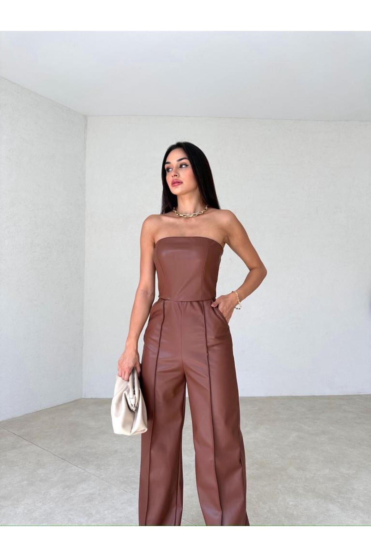 Straplez Bol Paça Çizgi Detaylı Cepli Deri Tulum
