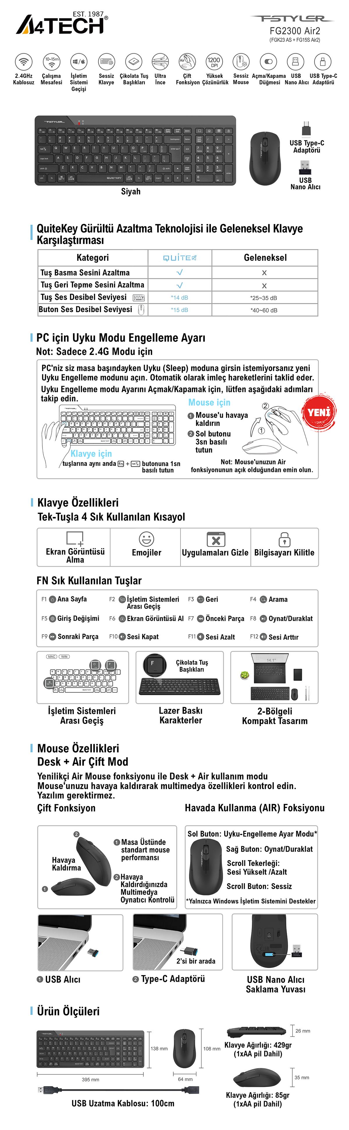 A4 TECH FG2300 AIR2 Q Türkçe Kablosuz Siyah Klavye+ Mouse