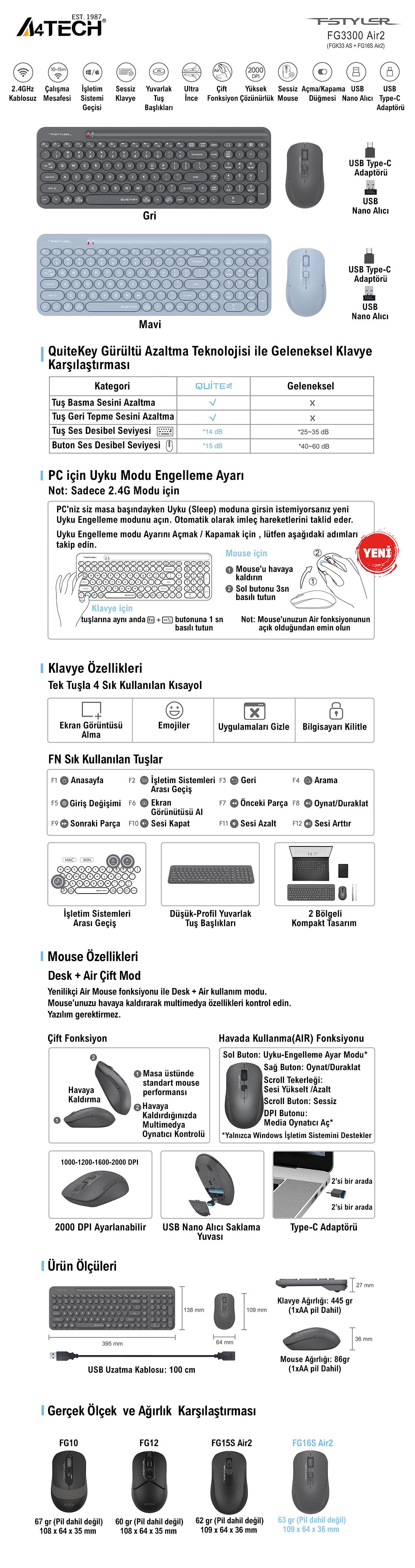A4 TECH FG3300 AIR2 Q Türkçe Kablosuz Siyah Klavye+ Mouse