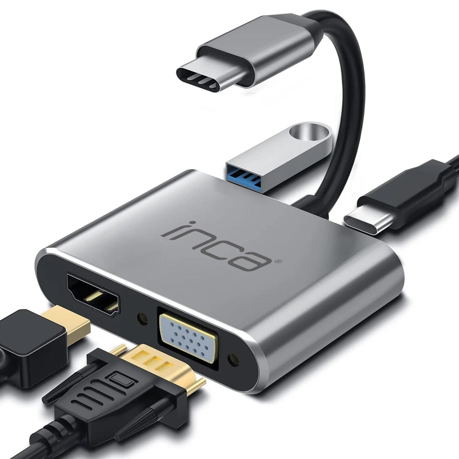 INCA ITPC-06T USB C 4'ü 1 Arada Adaptör USB C – HDMI+VGA+USB Güç Dağıtım Adaptörü