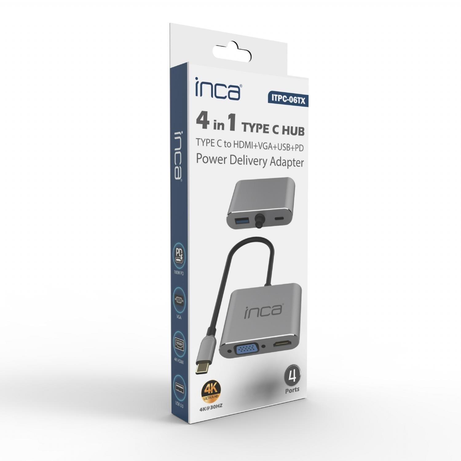 INCA ITPC-06T USB C 4'ü 1 Arada Adaptör USB C – HDMI+VGA+USB Güç Dağıtım Adaptörü