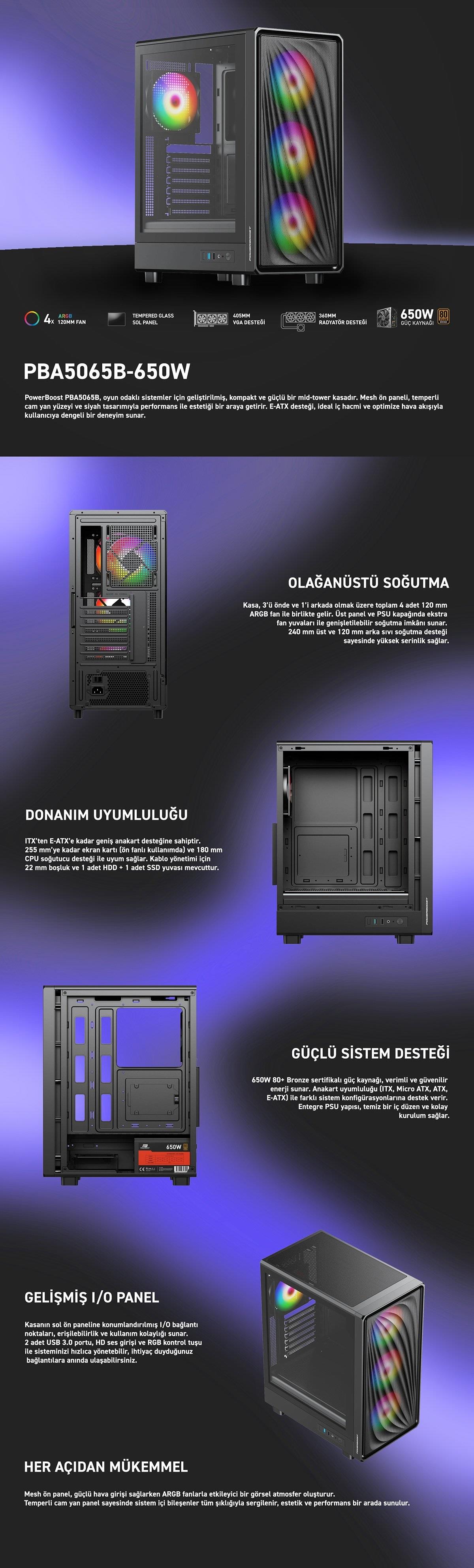 POWER BOOST PB-A5065B 600W 80+ Bronze Siyah Mesh Panel Mid Tower ATX Kasa