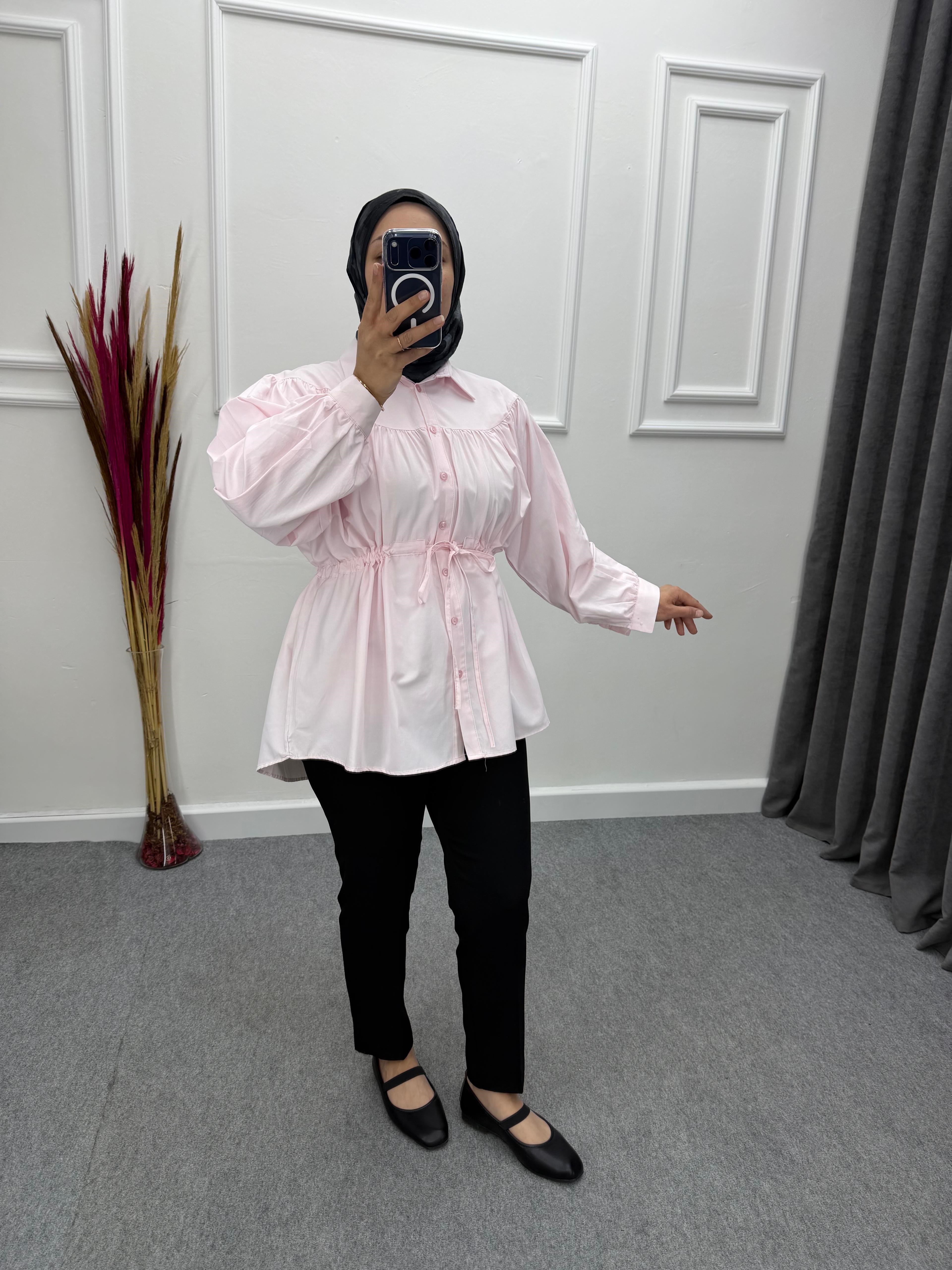 Beli Büzgü Detaylı Gömlek Pembe