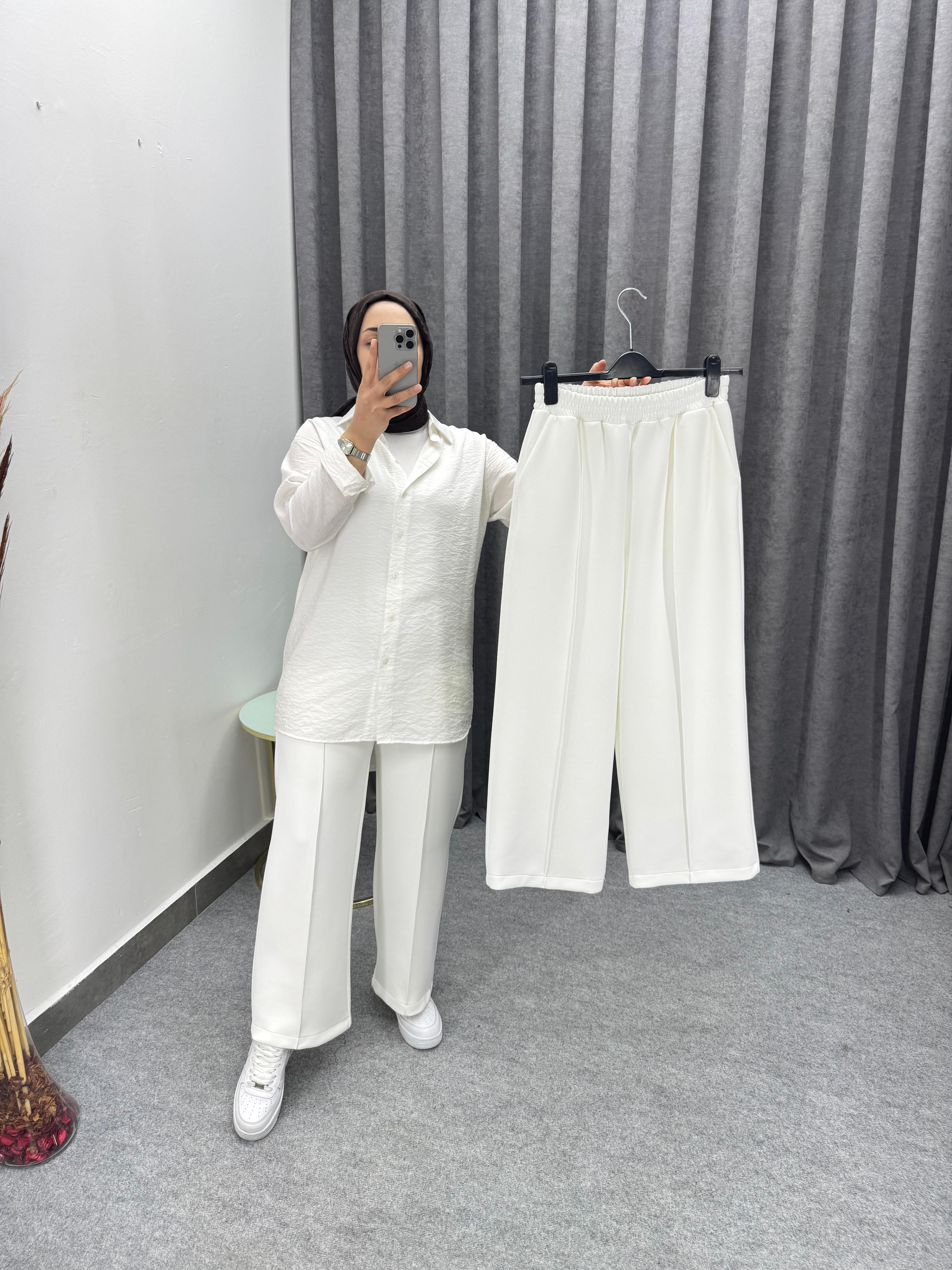 Beyaz Çimalı Bol Paça Pantolon