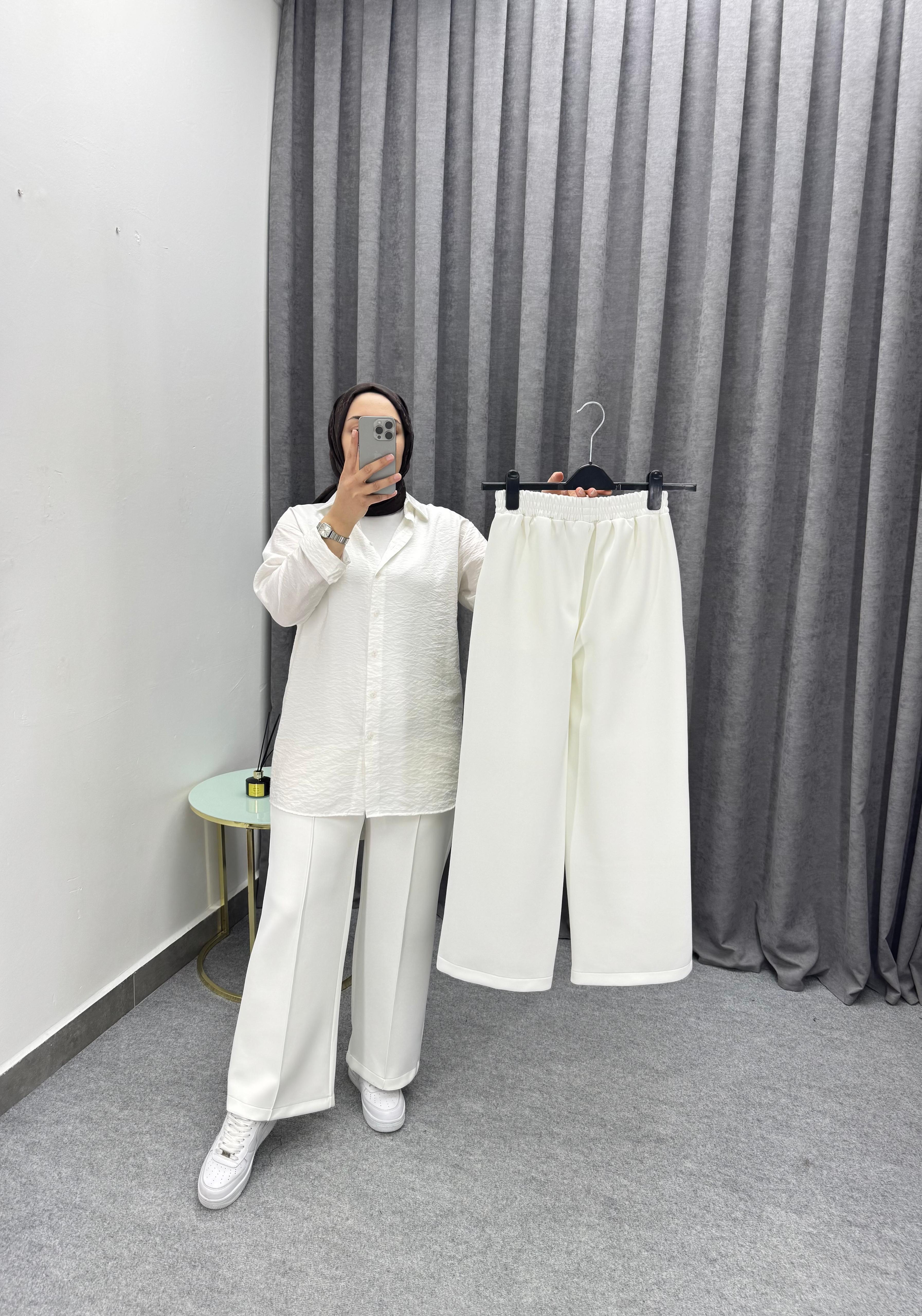 Beyaz Çimalı Bol Paça Pantolon