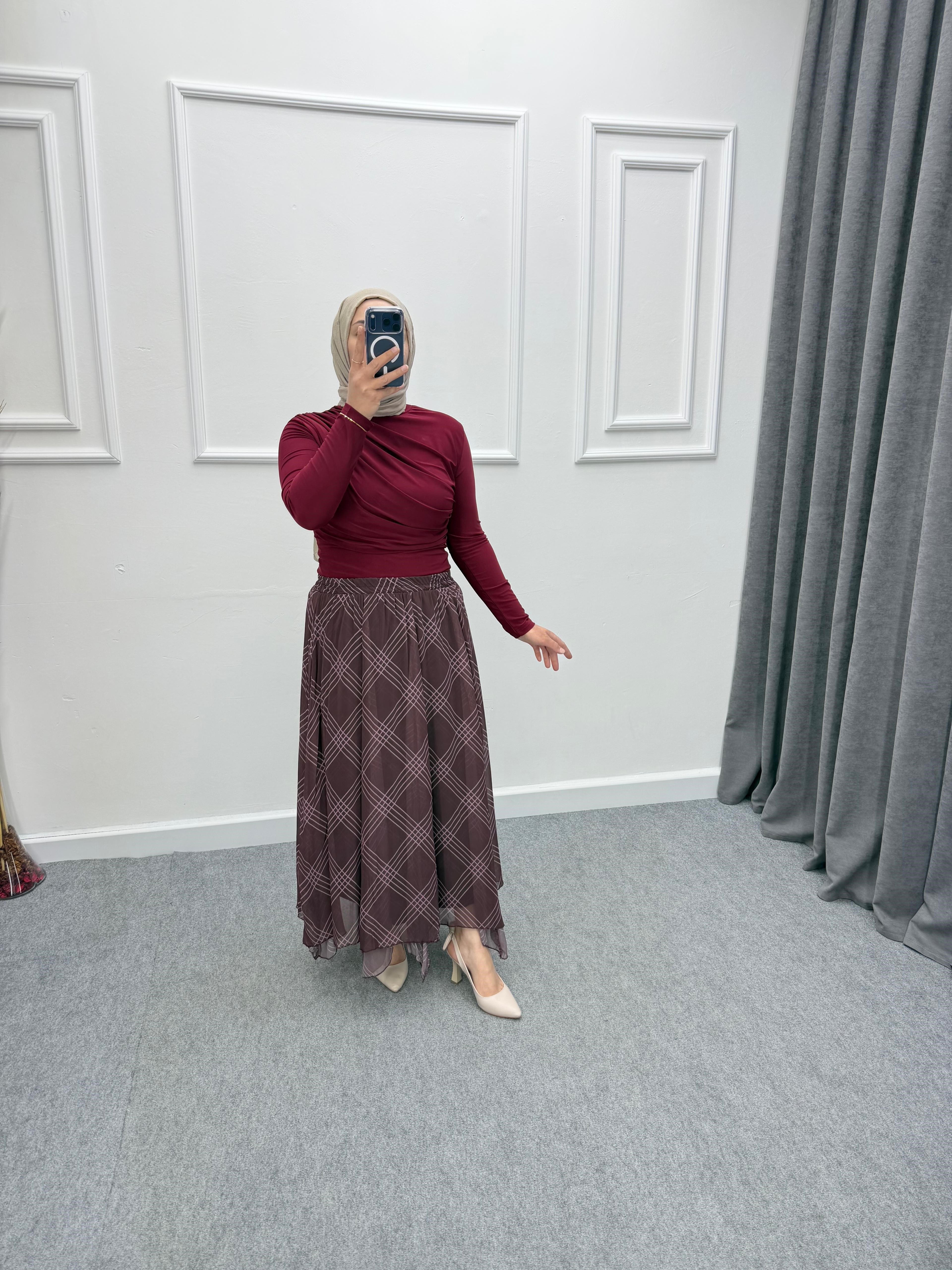 Bordo Asimetrik Desen Astarlı Şifon Etek