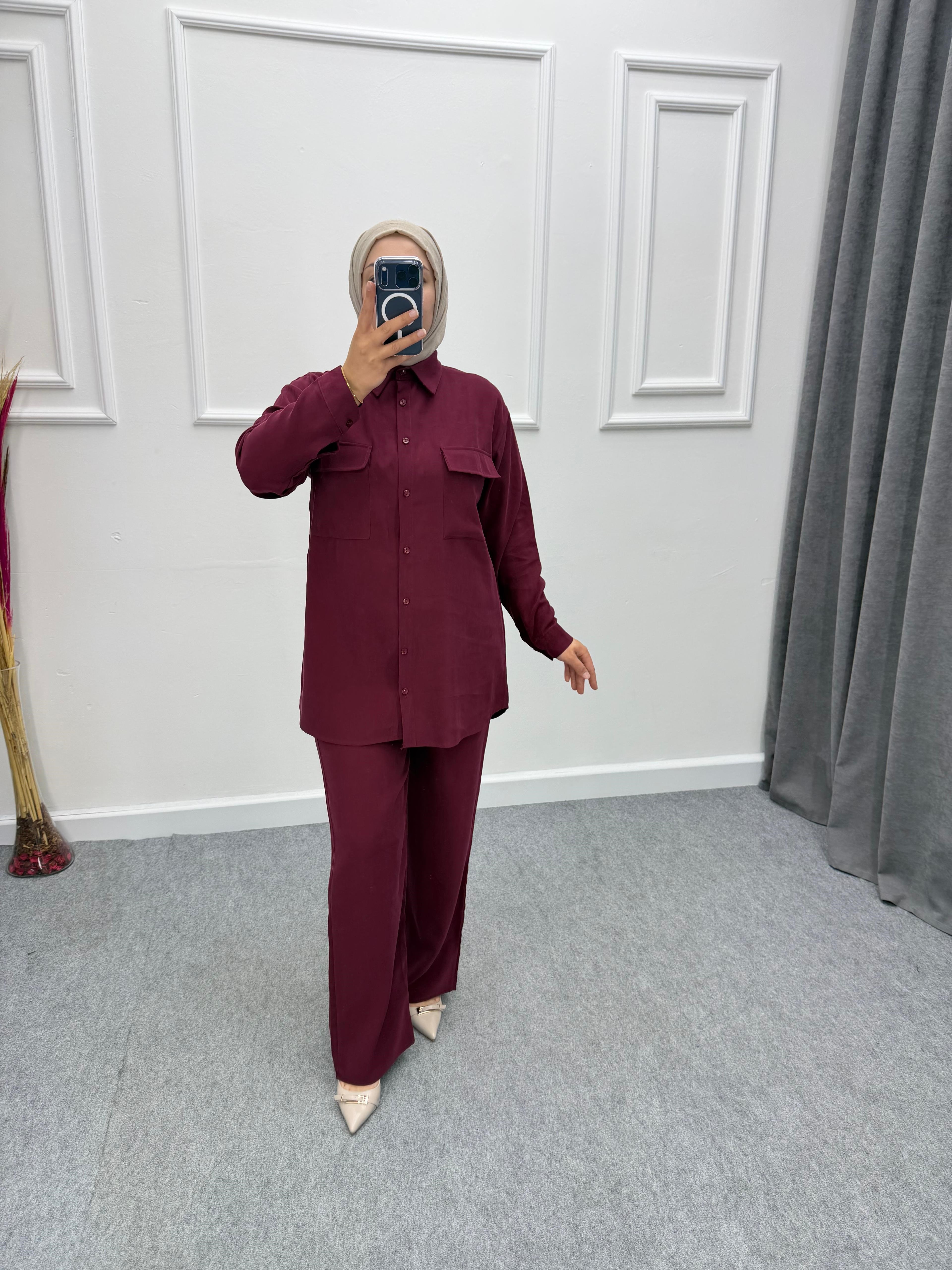 Bordo Cep Detaylı Modal Takım
