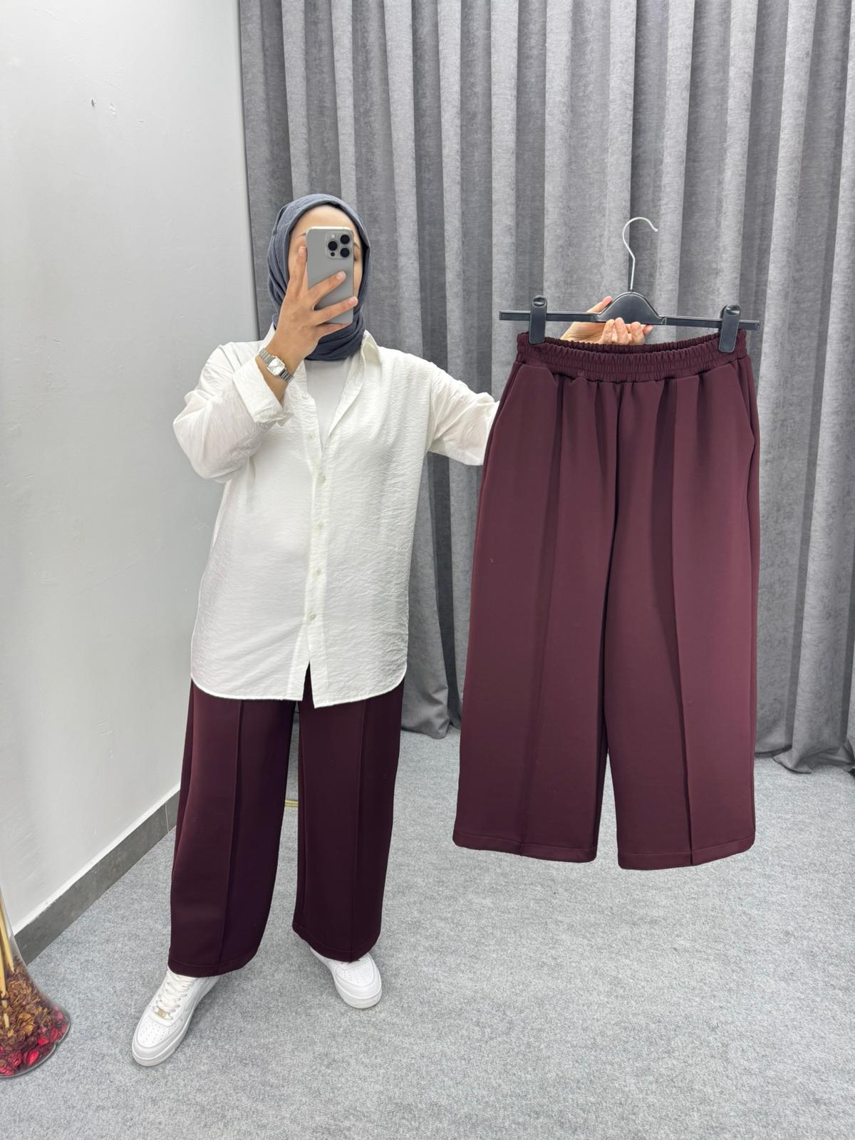 Bordo Çimalı Bol Paça Pantolon