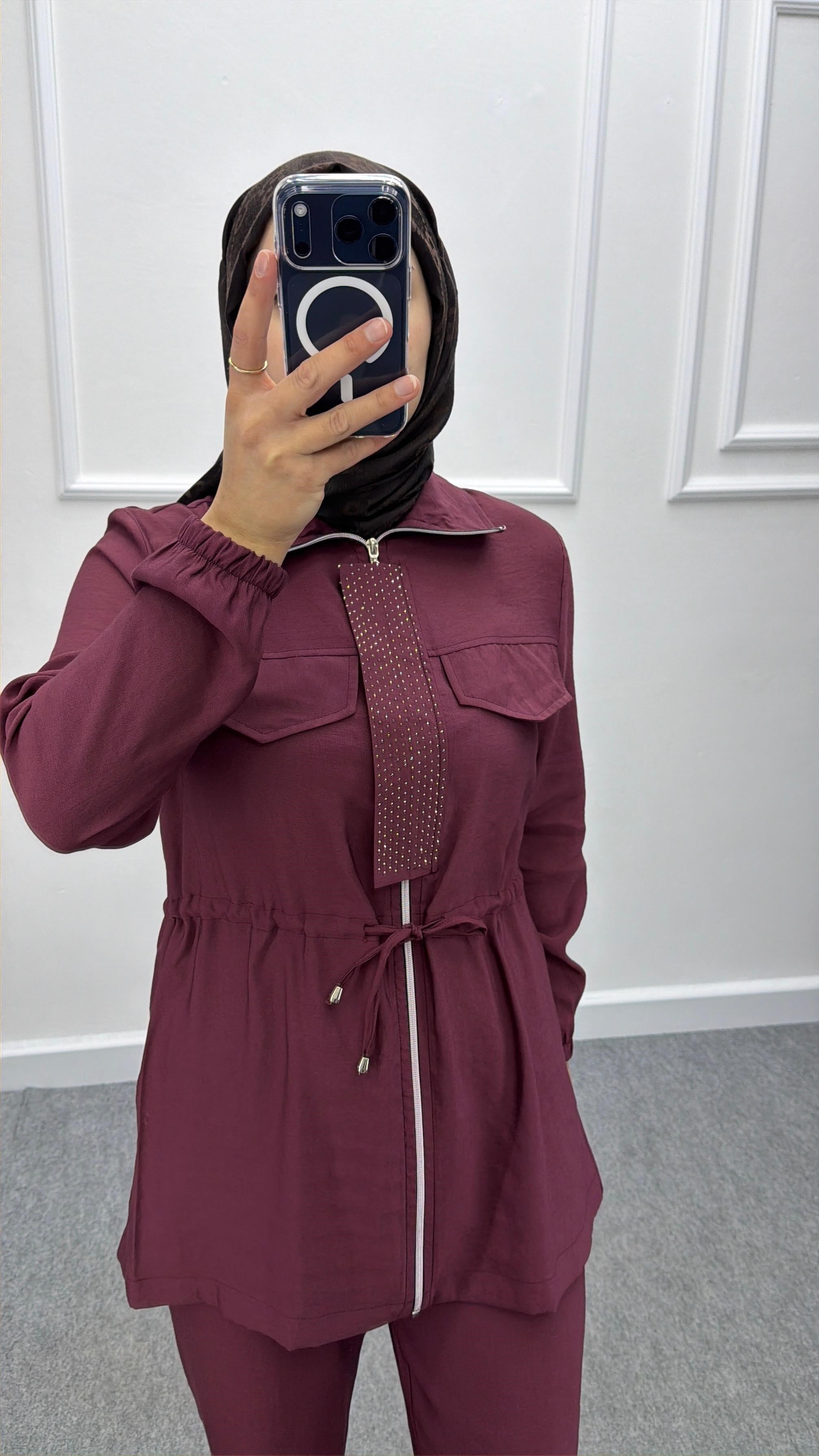 Bordo Fermuarlı Taş Detaylı Modal Kumaş Takım