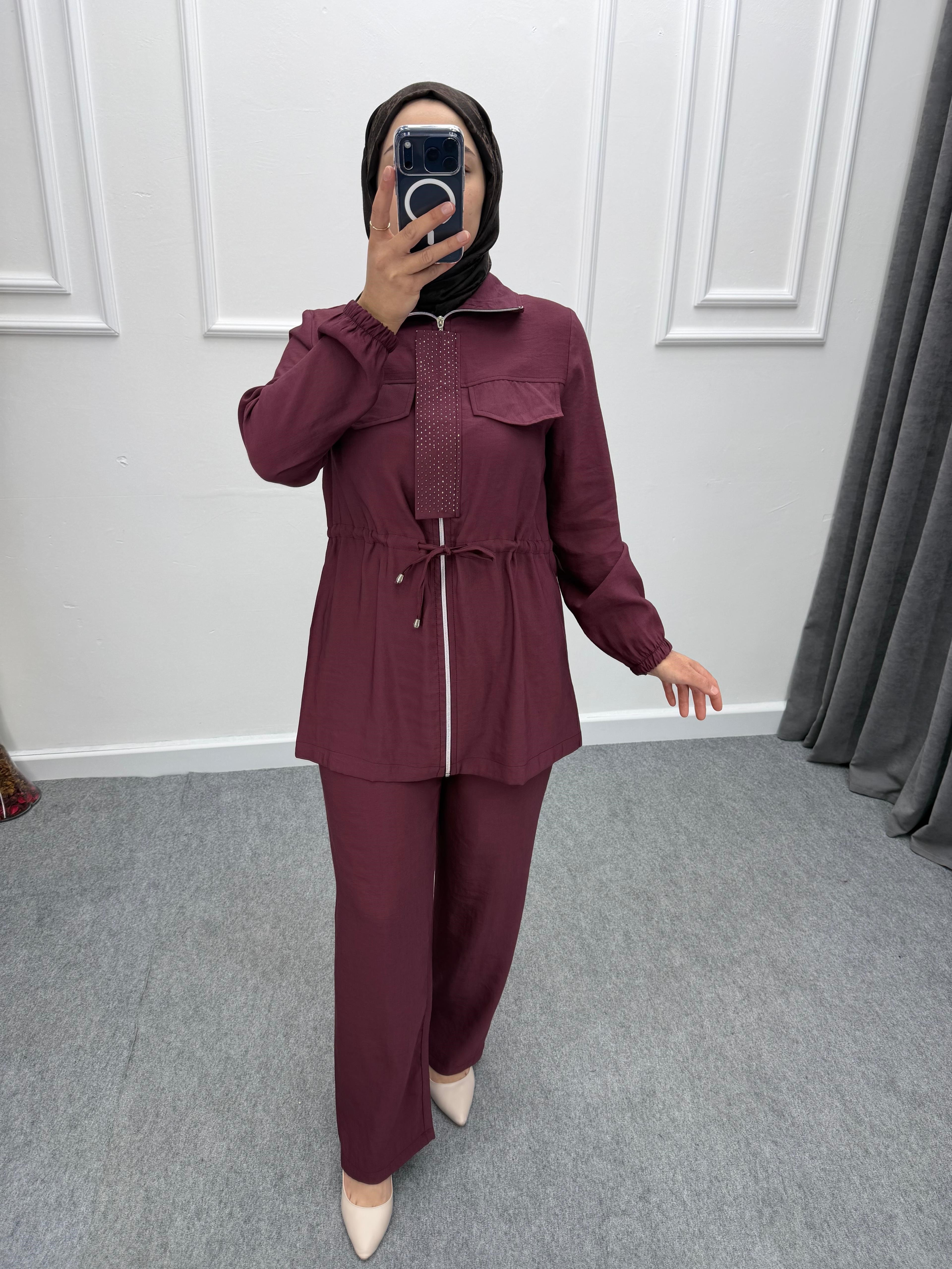 Bordo Fermuarlı Taş Detaylı Modal Kumaş Takım