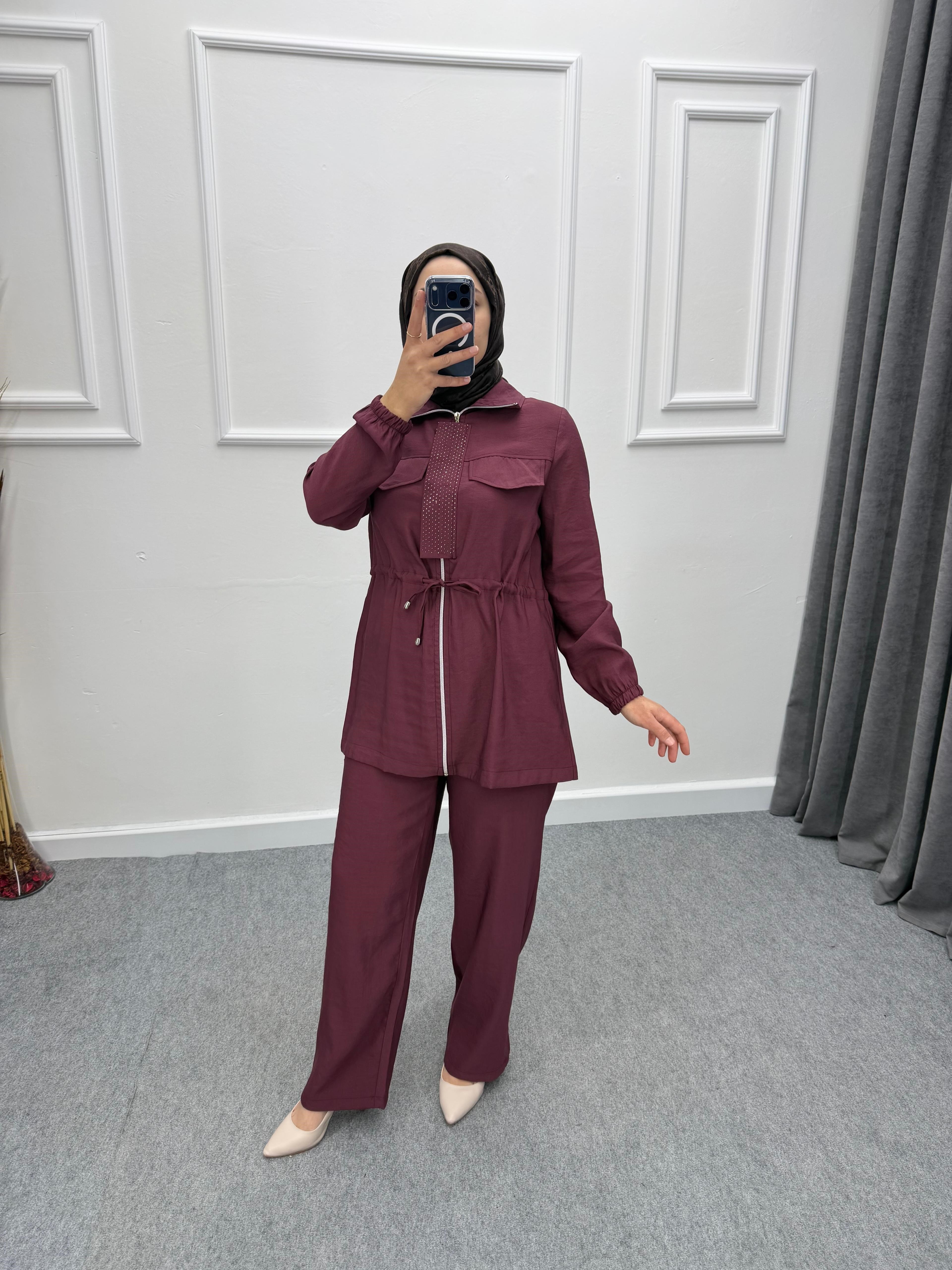 Bordo Fermuarlı Taş Detaylı Modal Kumaş Takım