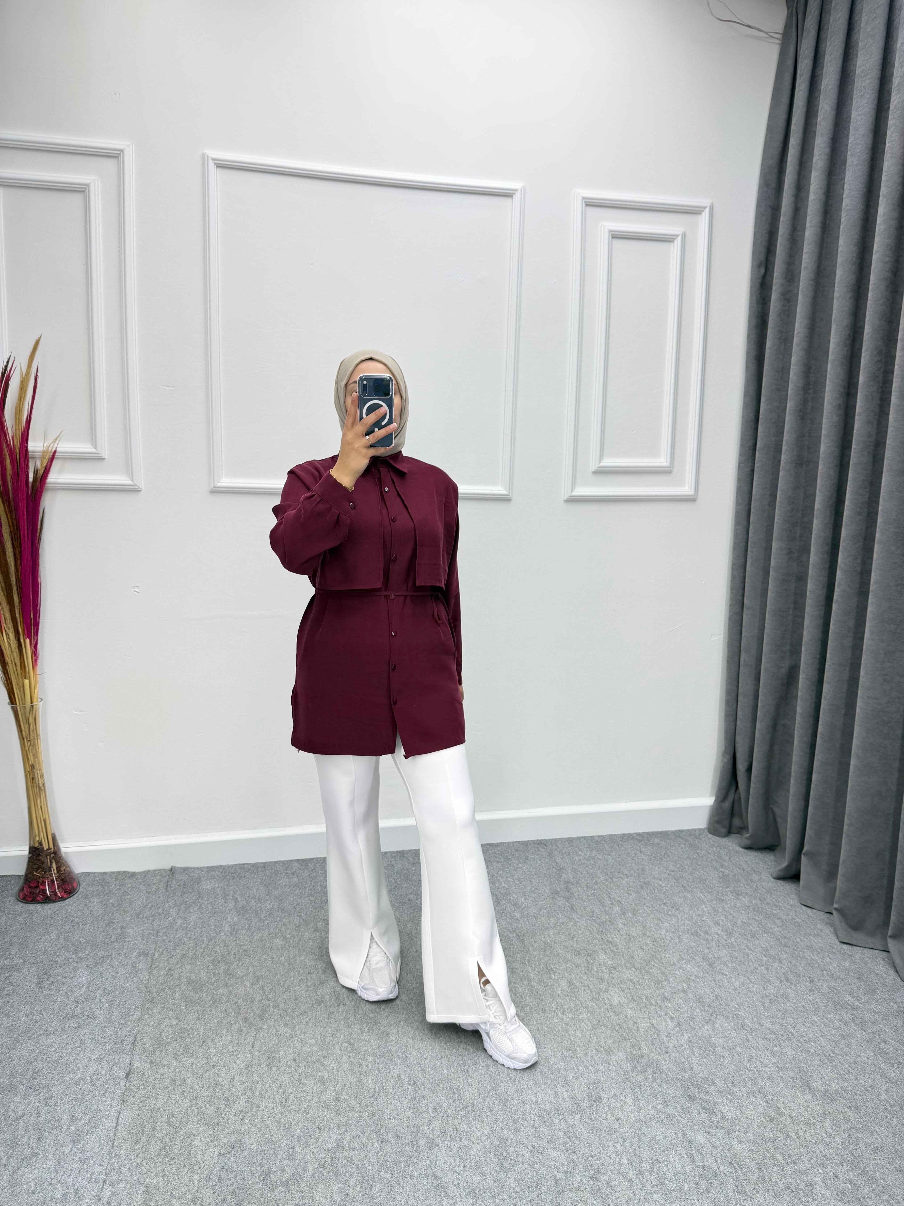 Bordo Pelerin Detaylı Modal Kumaş Gömlek