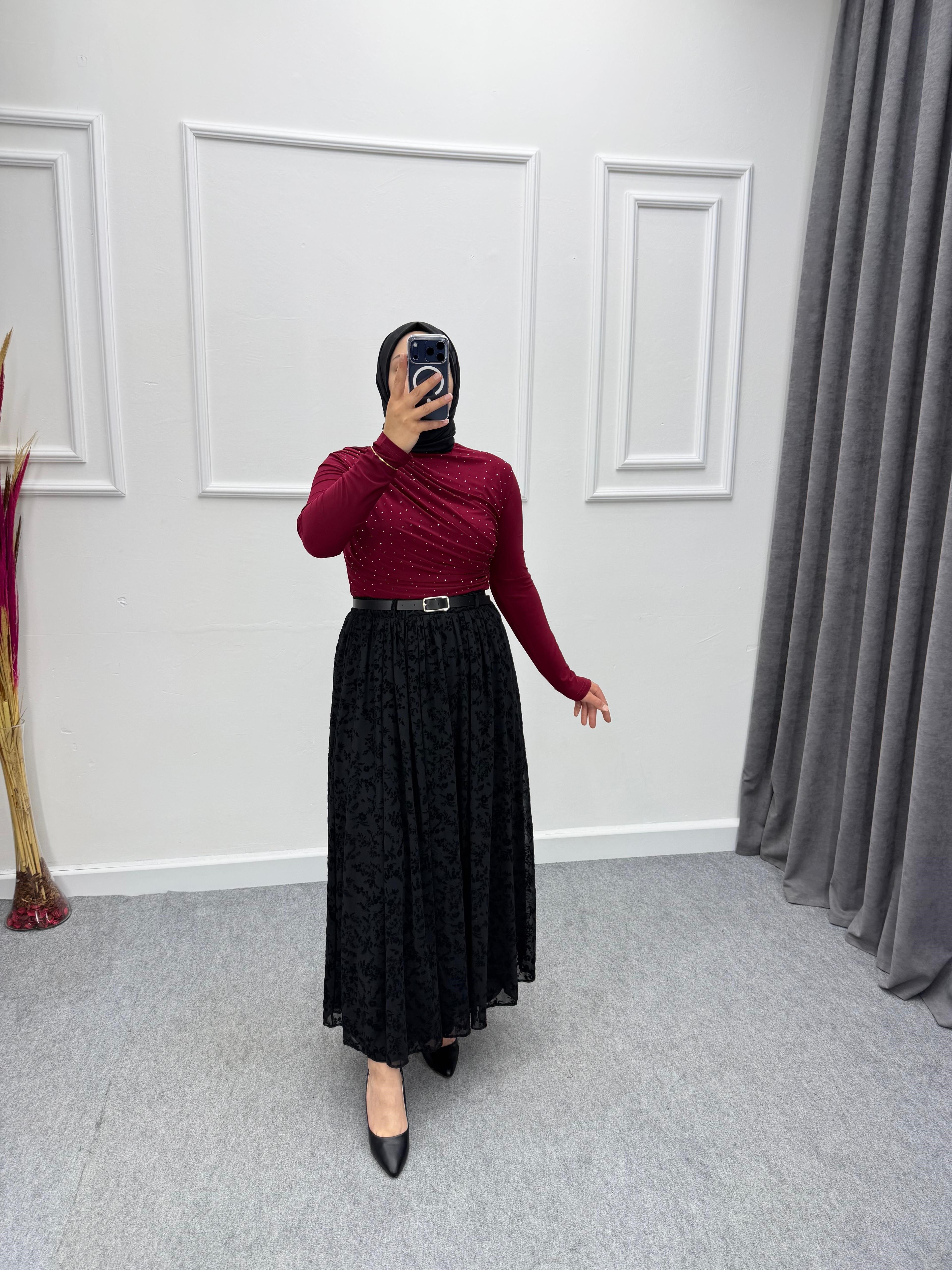 Bordo Taşlı Büzgü Detaylı Sandy Bluz