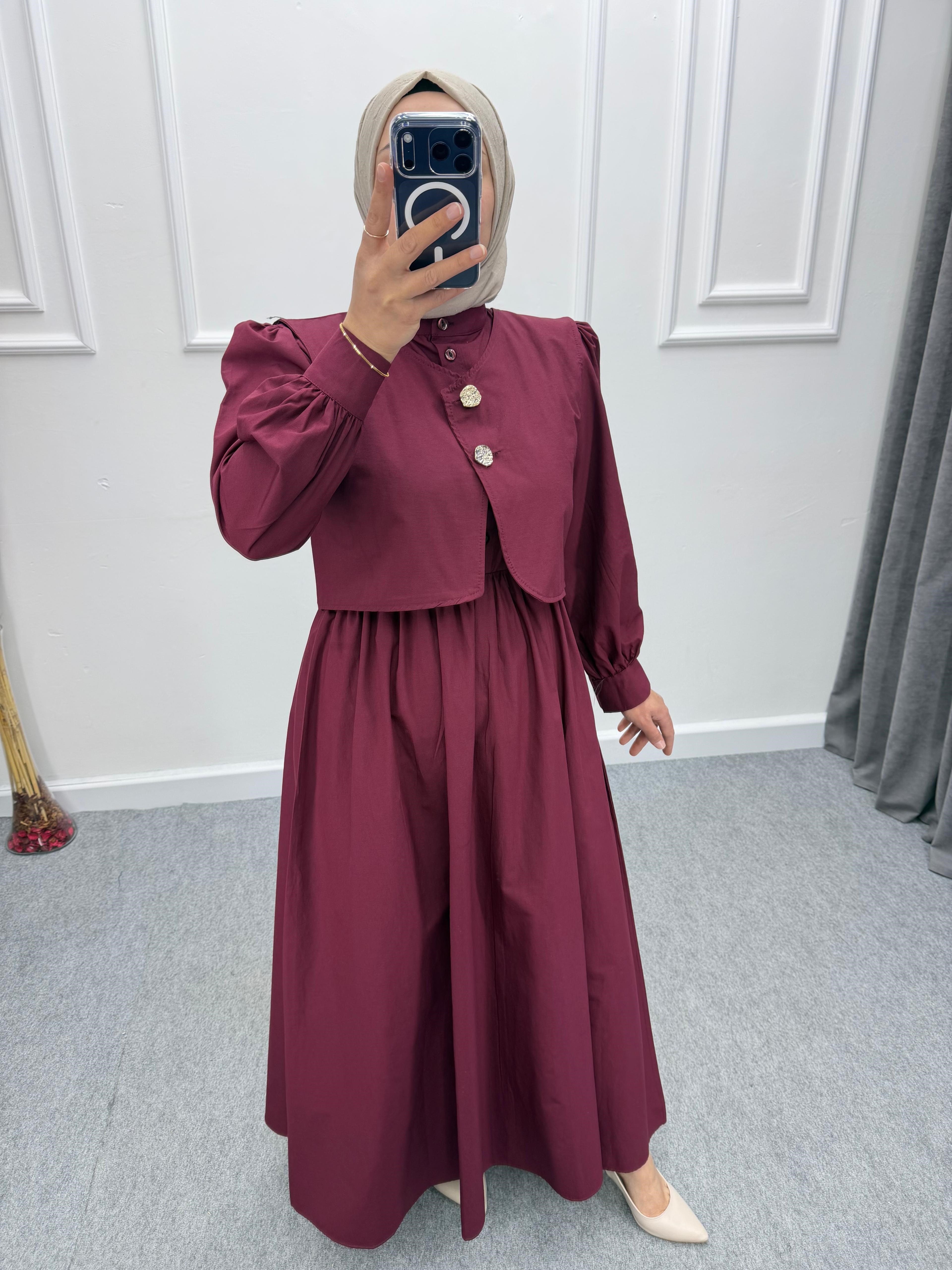 Bordo Yelekli Poplin Elbise