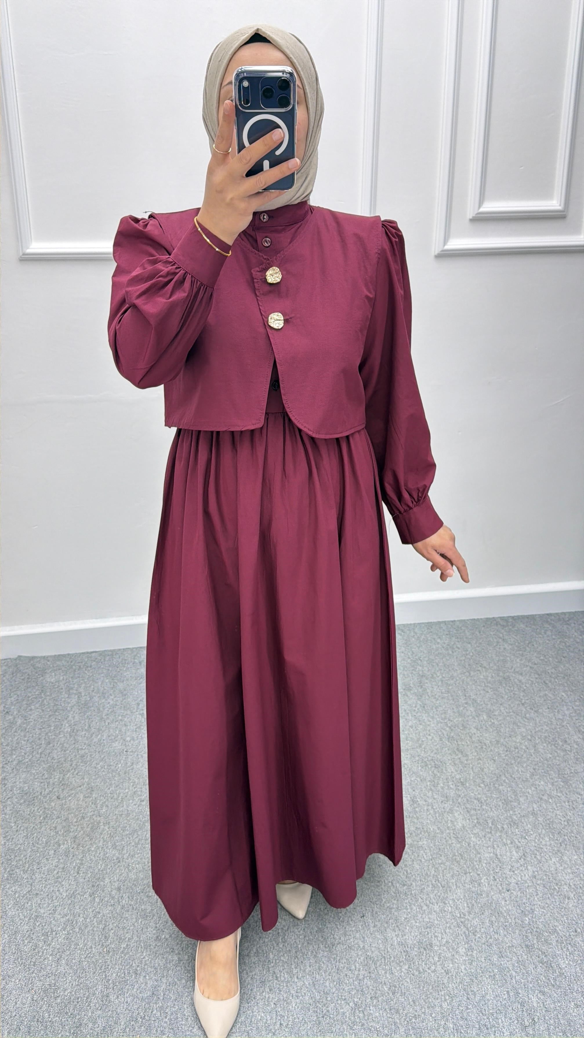 Bordo Yelekli Poplin Elbise