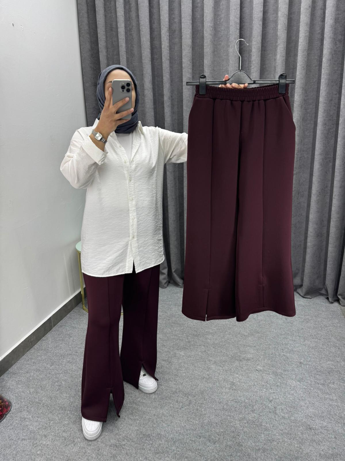 Bordo Yırtmaç Detaylı Beli Lastikli Pantolon