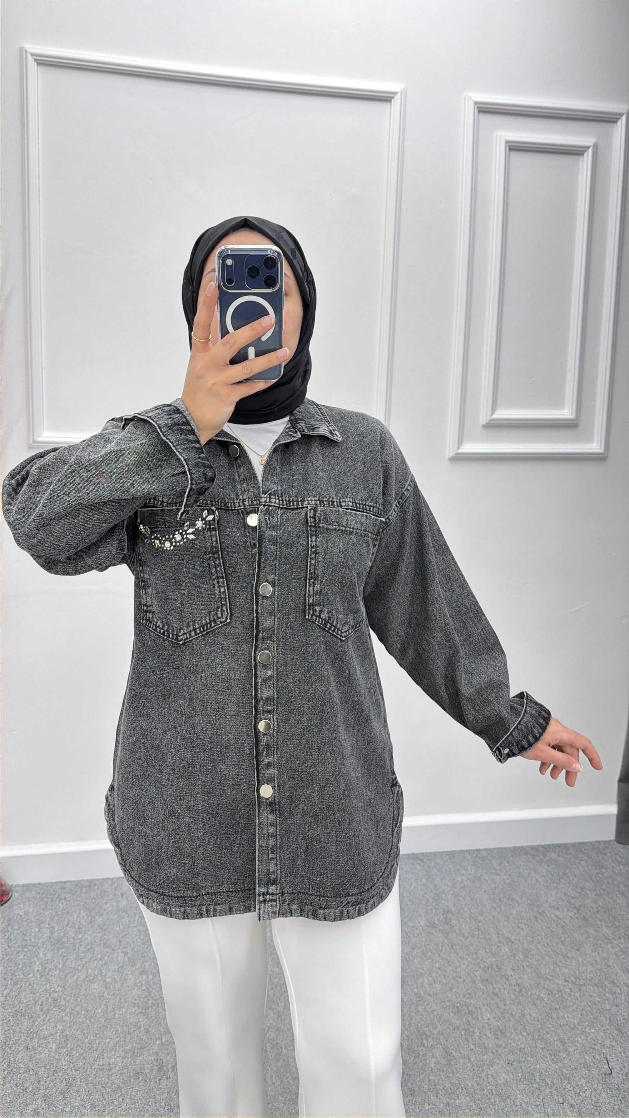 Cebi Taş Detaylı Oversize Kot Ceket Gri