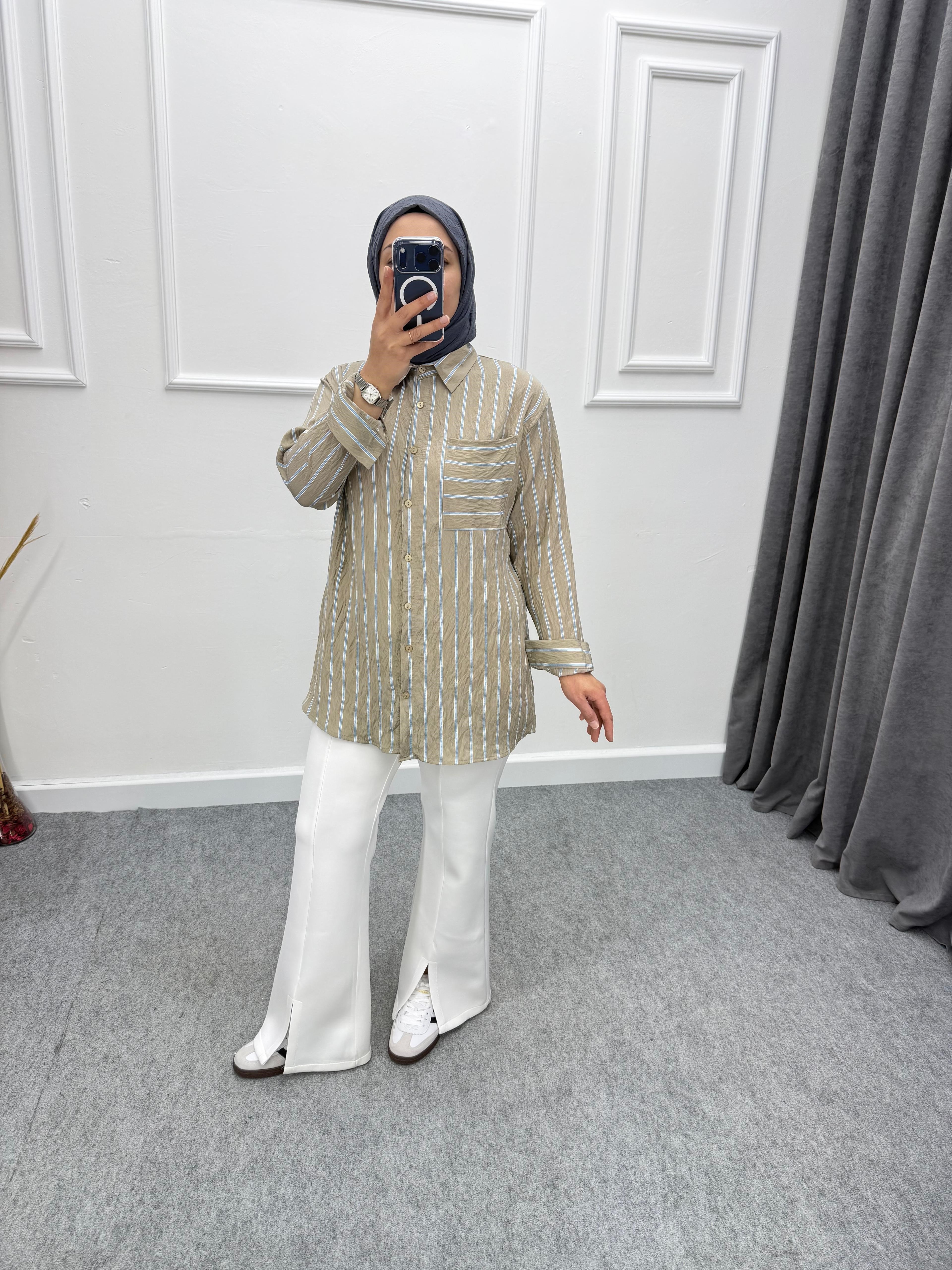 Çizgili Oversize Gömlek Bej