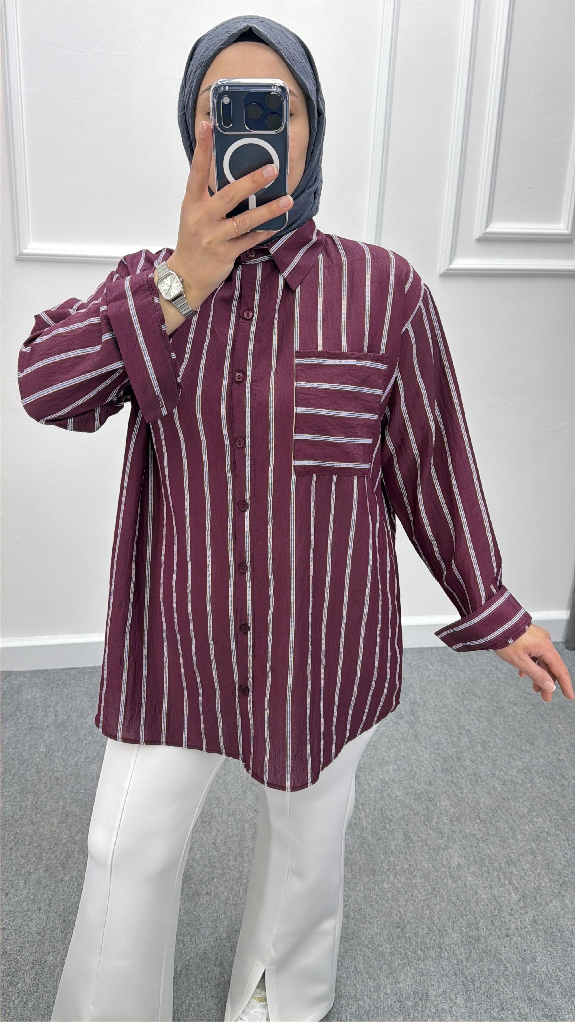 Çizgili Oversize Gömlek Bordo