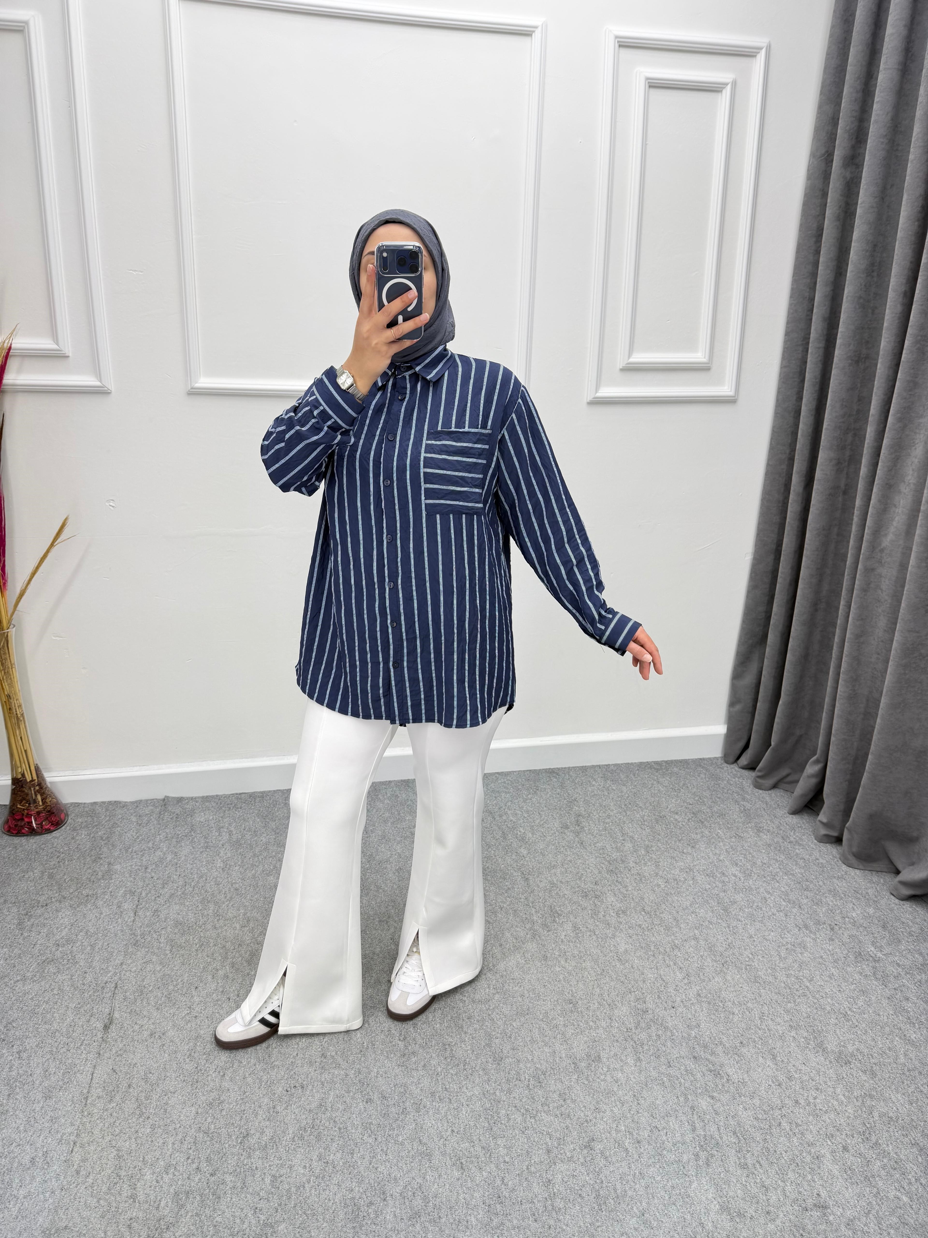 Çizgili Oversize Gömlek Lacivert