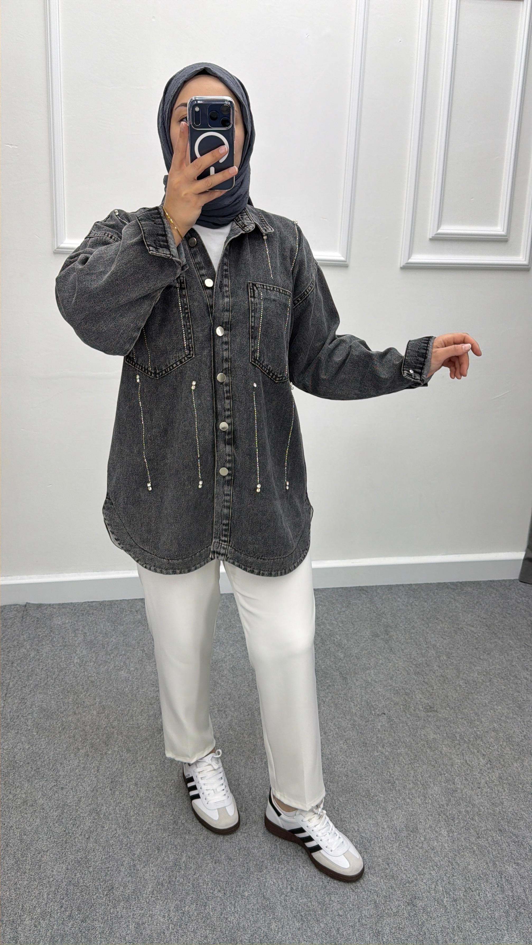 Denim Oversize Taşlı Kot Ceket Gri