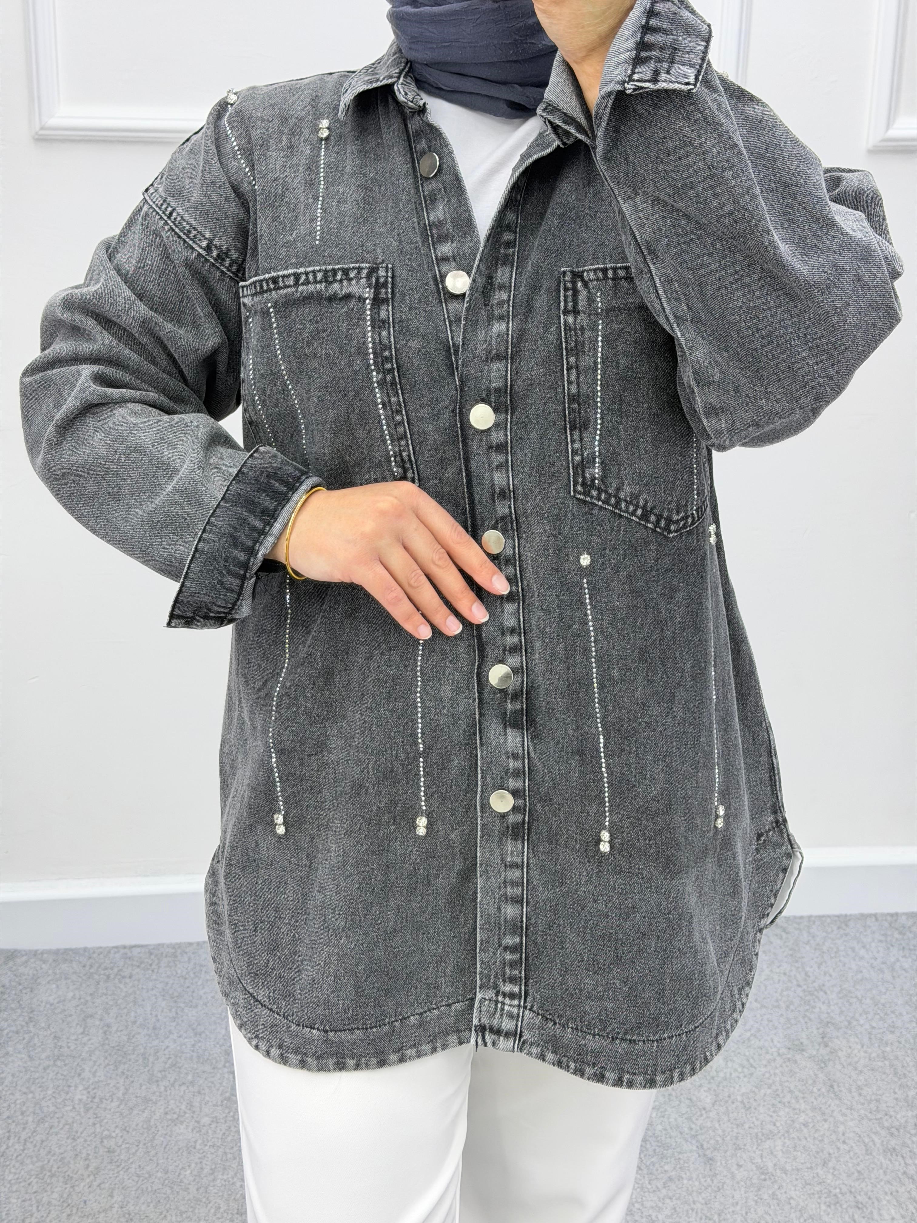 Denim Oversize Taşlı Kot Ceket Gri