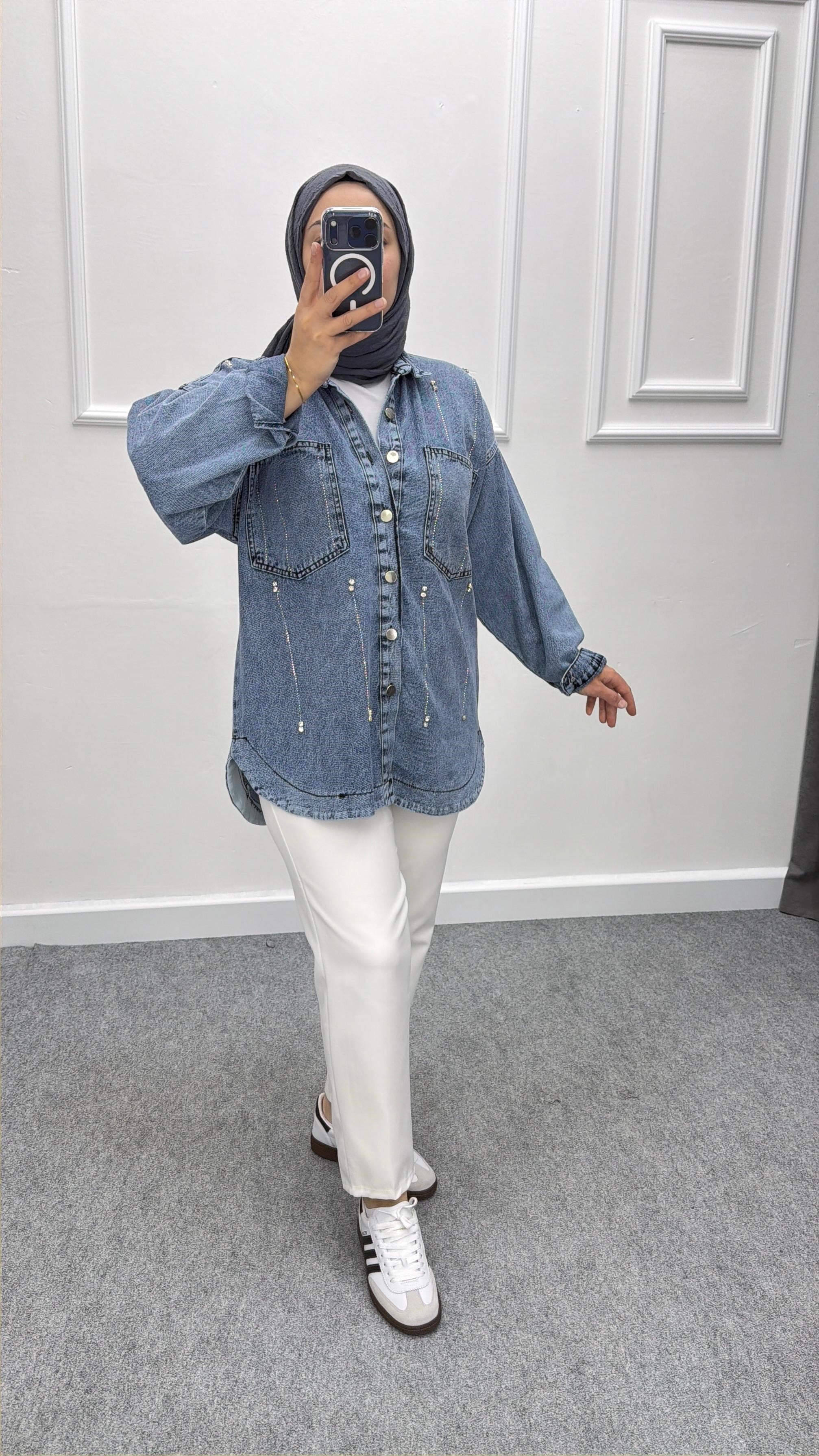 Denim Oversize Taşlı Kot Ceket Kar Mavi