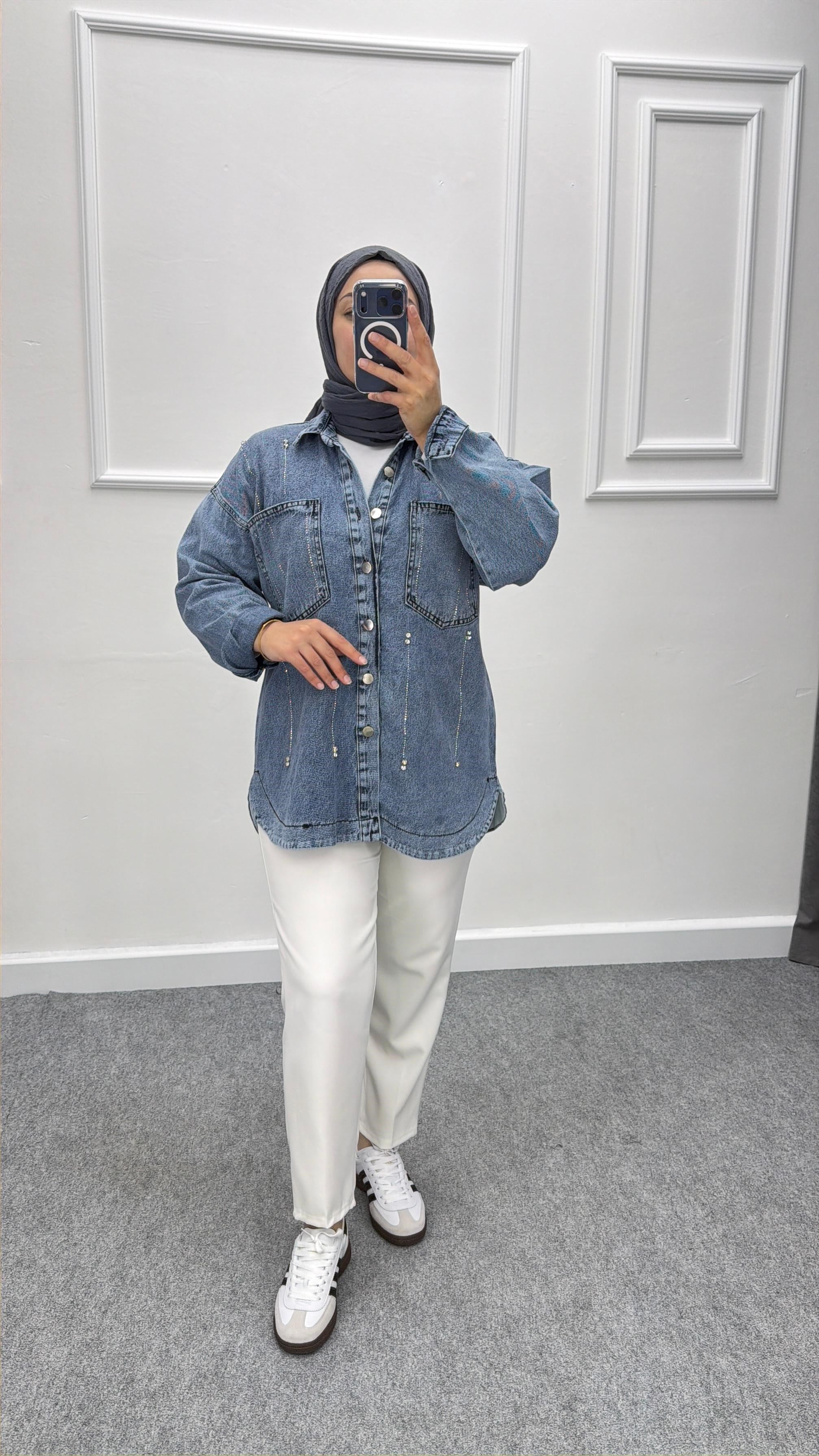 Denim Oversize Taşlı Kot Ceket Kar Mavi