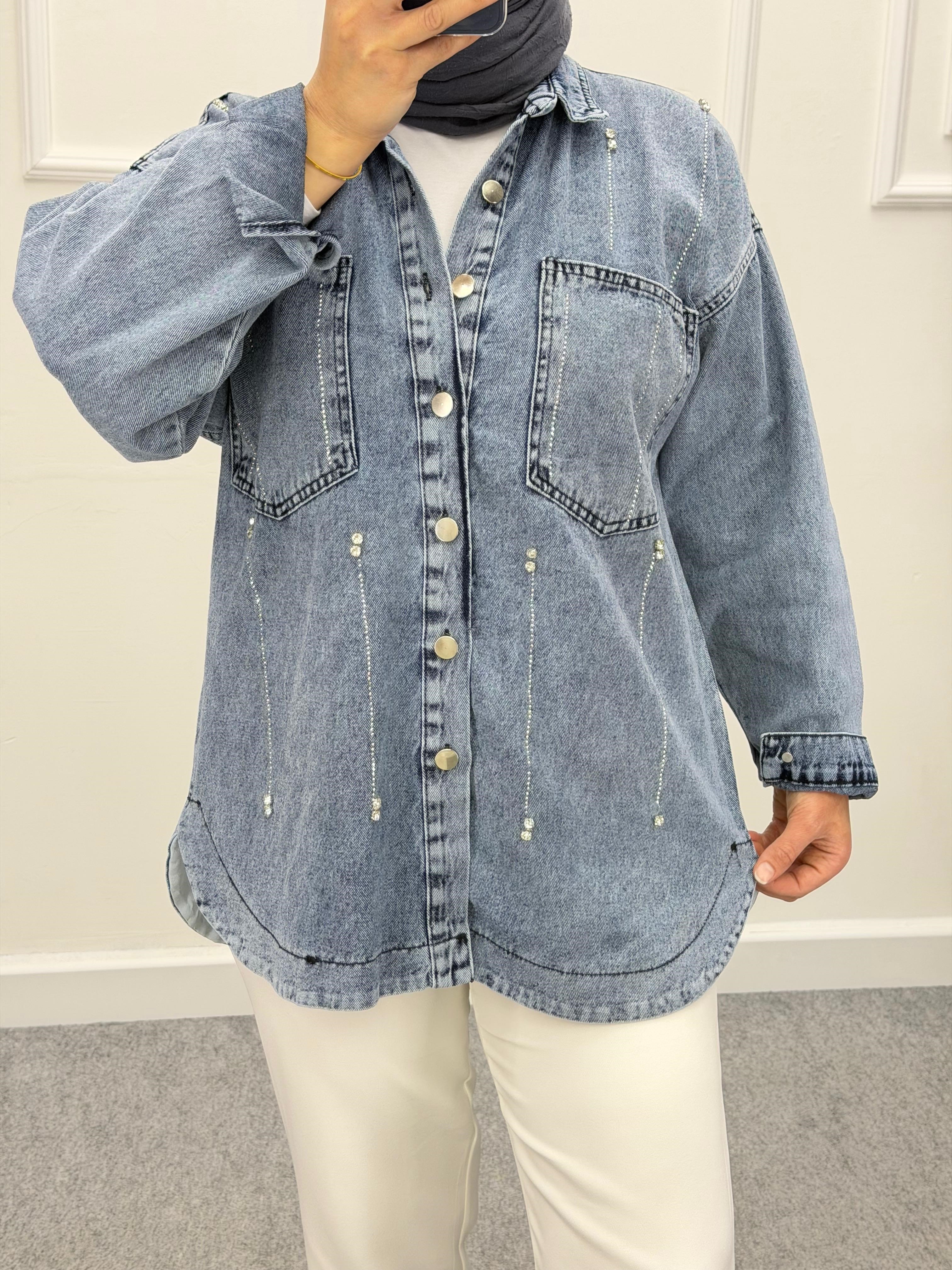 Denim Oversize Taşlı Kot Ceket Kar Mavi