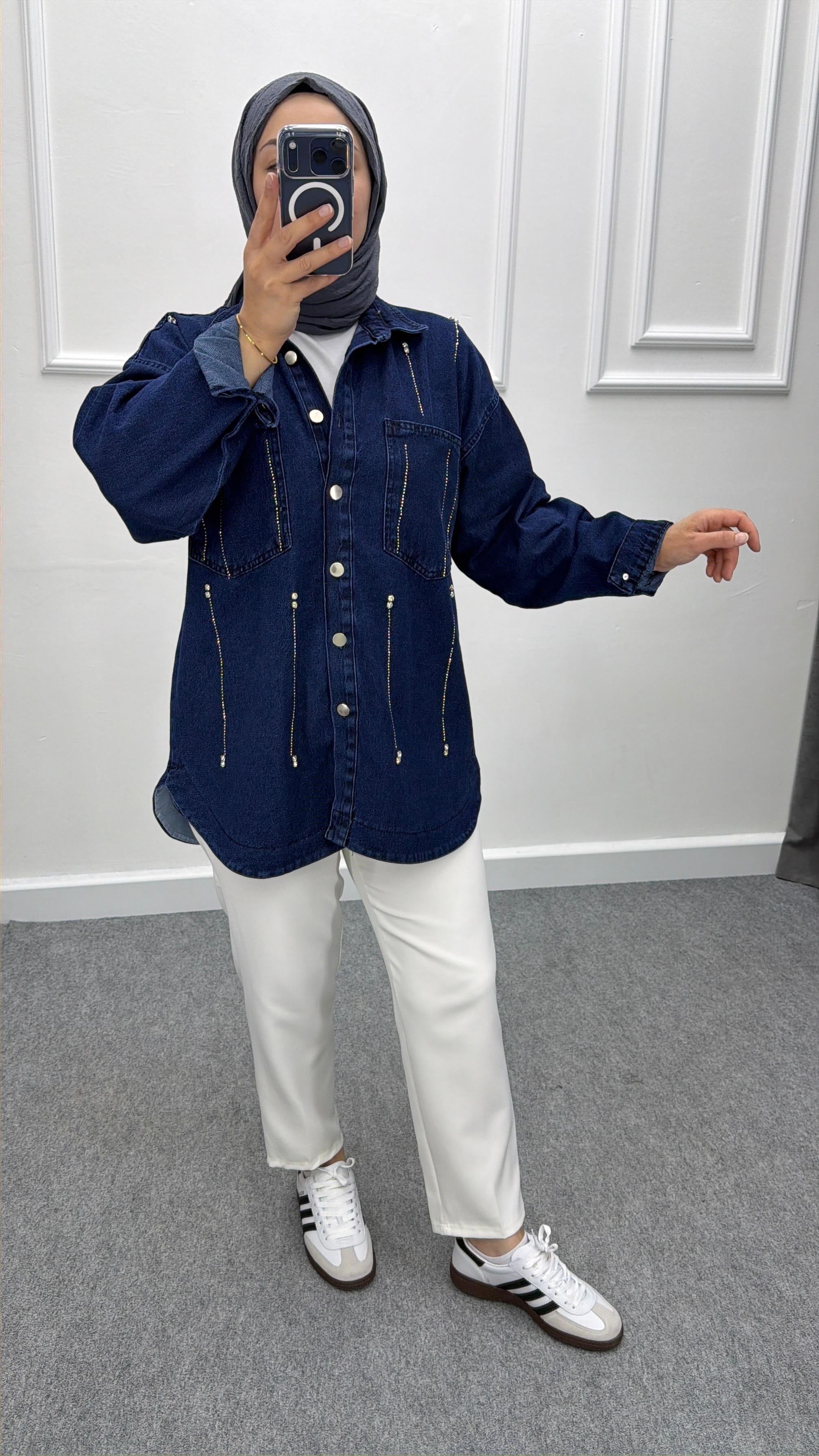 Denim Oversize Taşlı Kot Ceket Lacivert