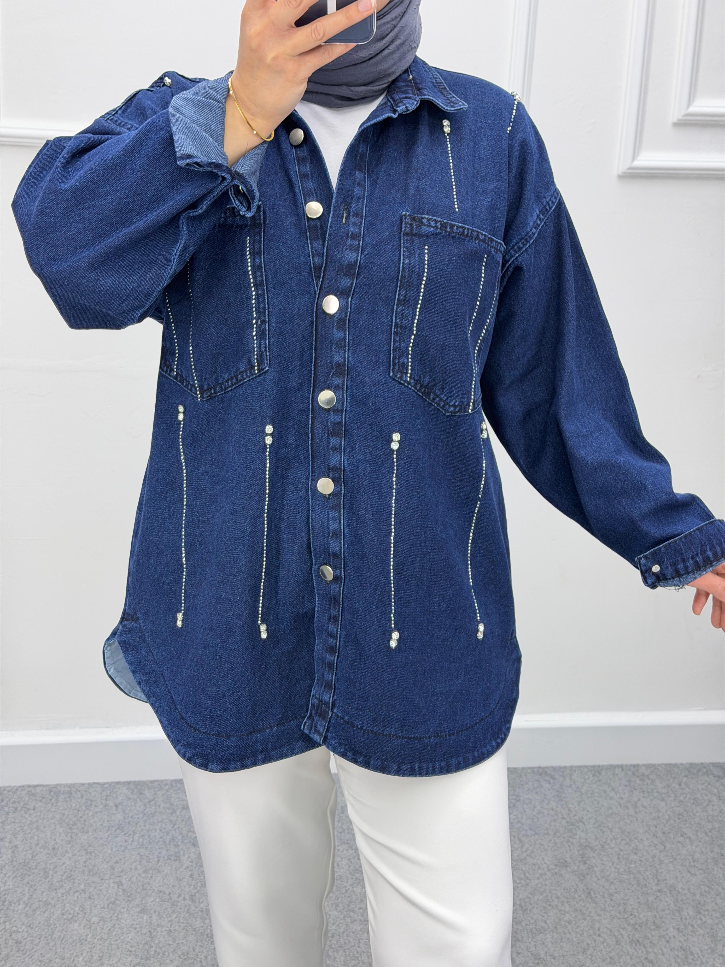 Denim Oversize Taşlı Kot Ceket Lacivert