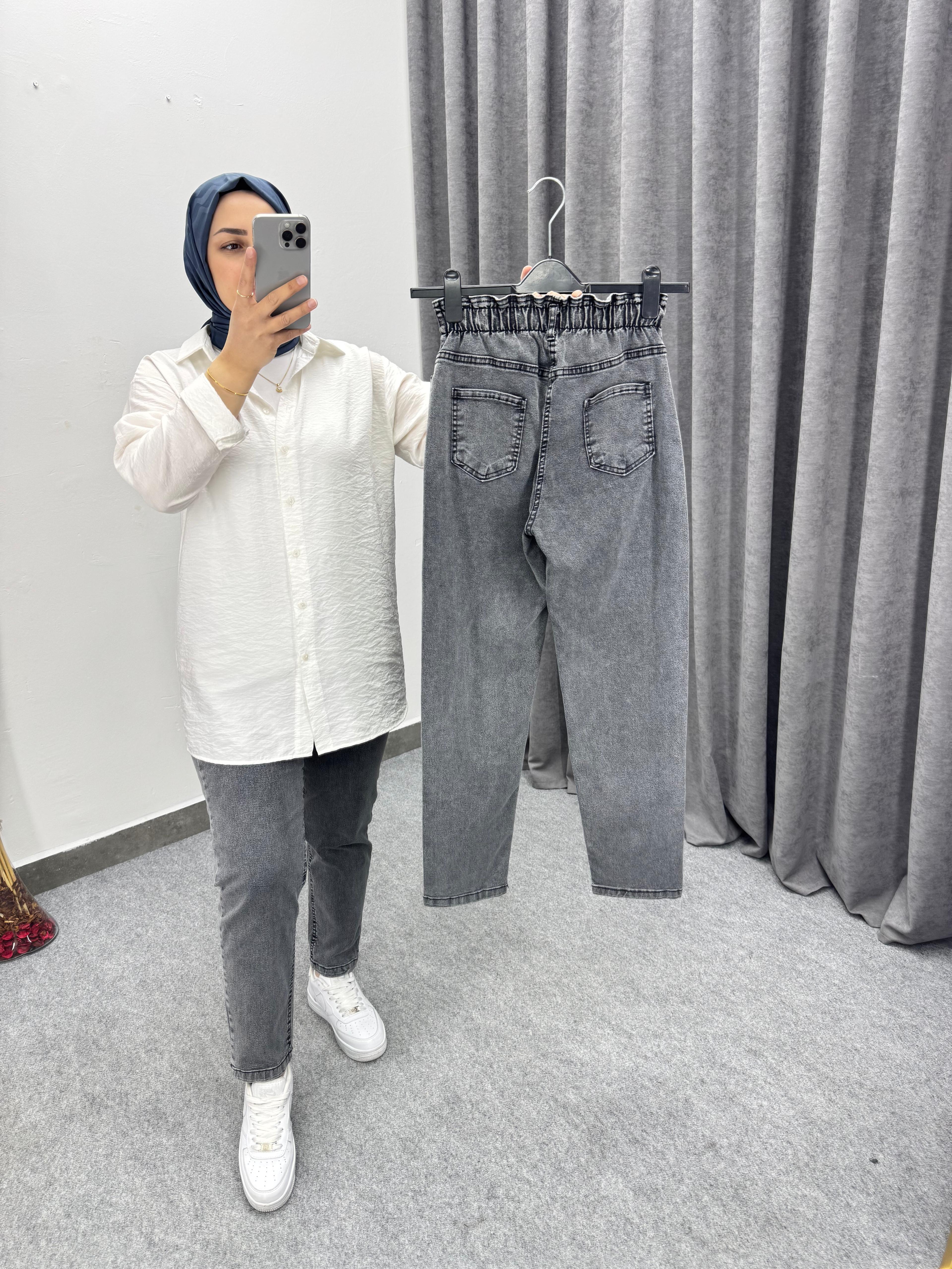 Gri Beli Lastikli Dar Paça Jean's