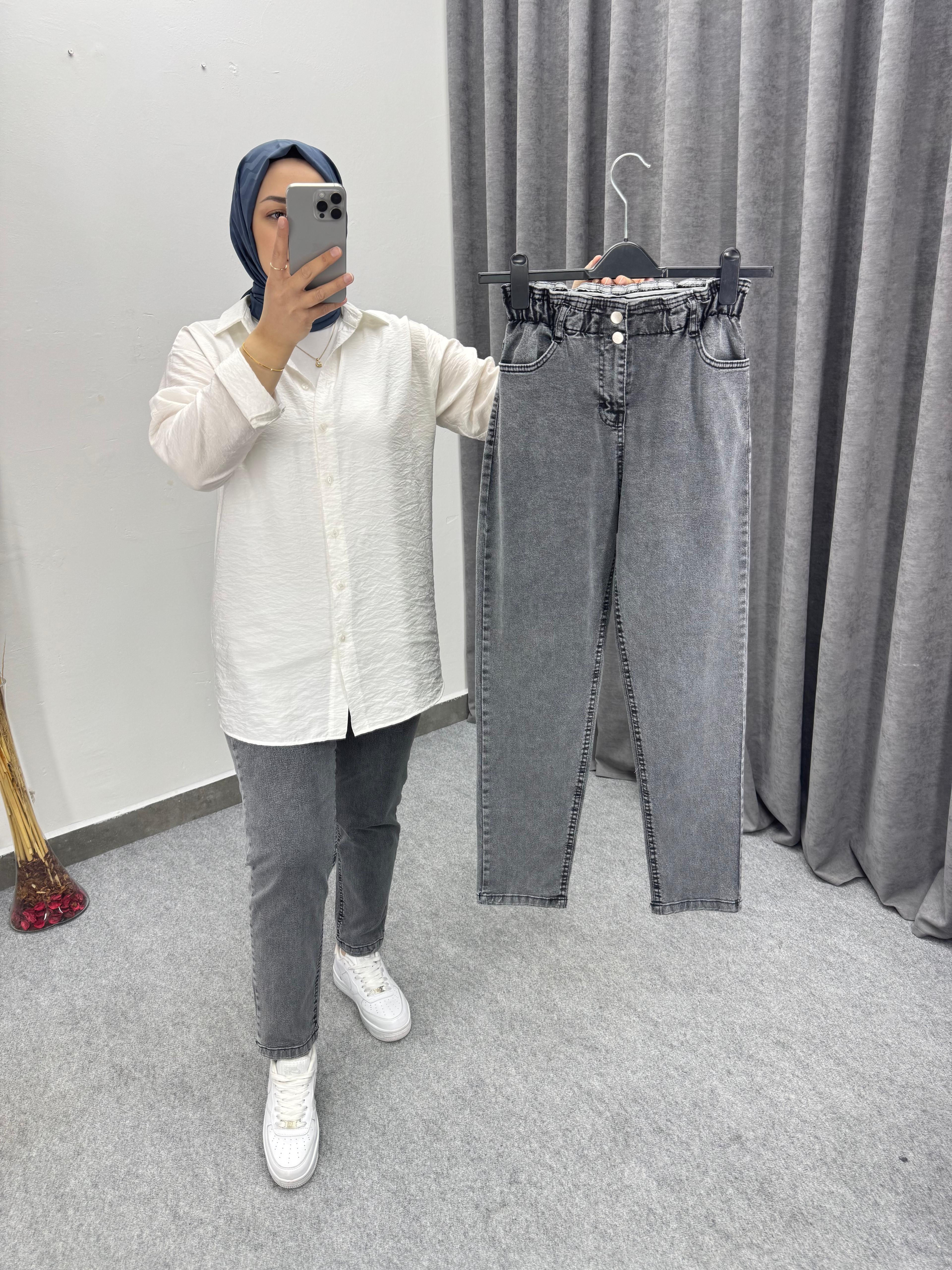 Gri Beli Lastikli Dar Paça Jean's
