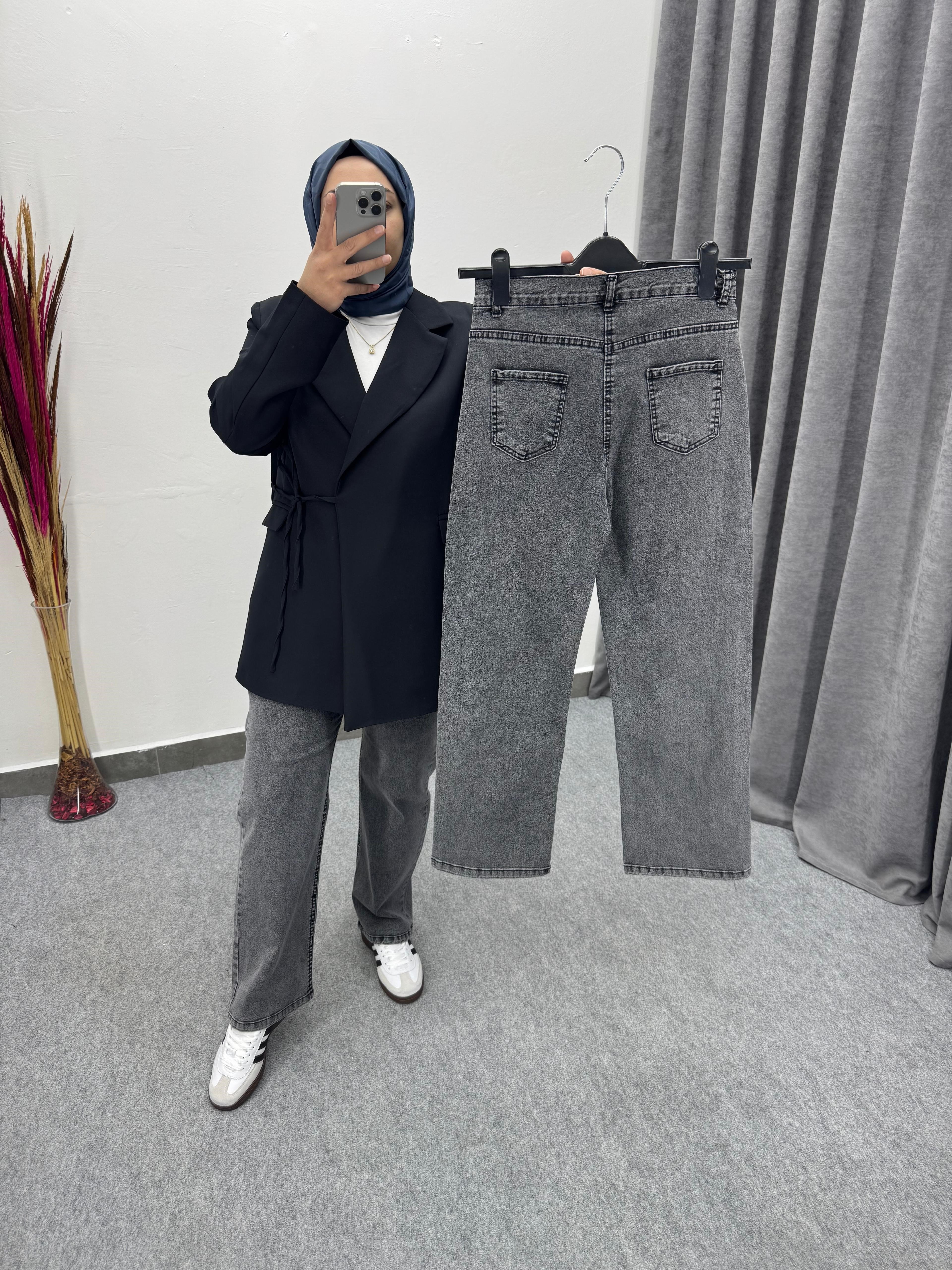 Gri Düz Palazzo Model Likralı Jean