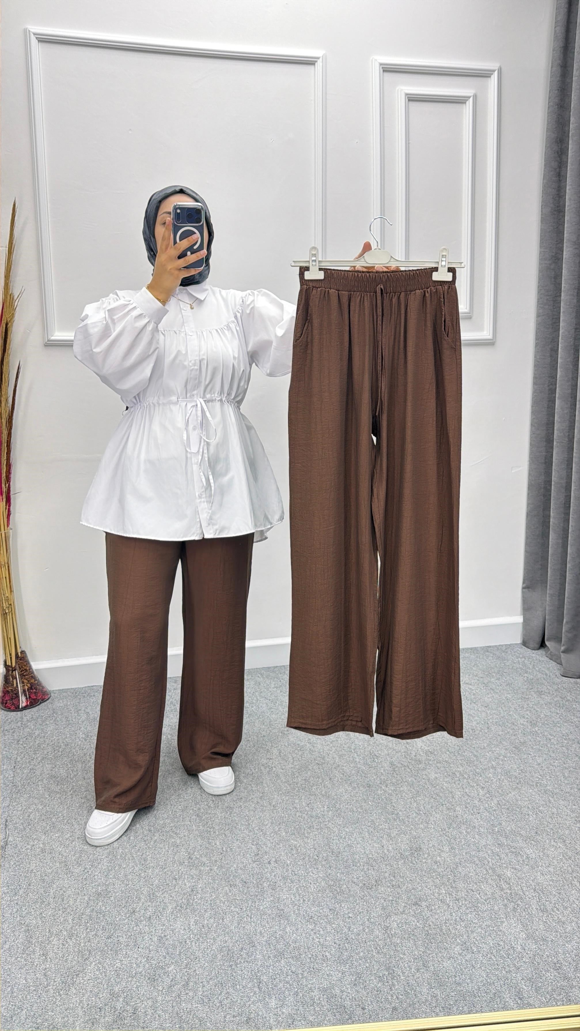 Kahve Çilek Kumaş Cepli Bol Paça Pantolon