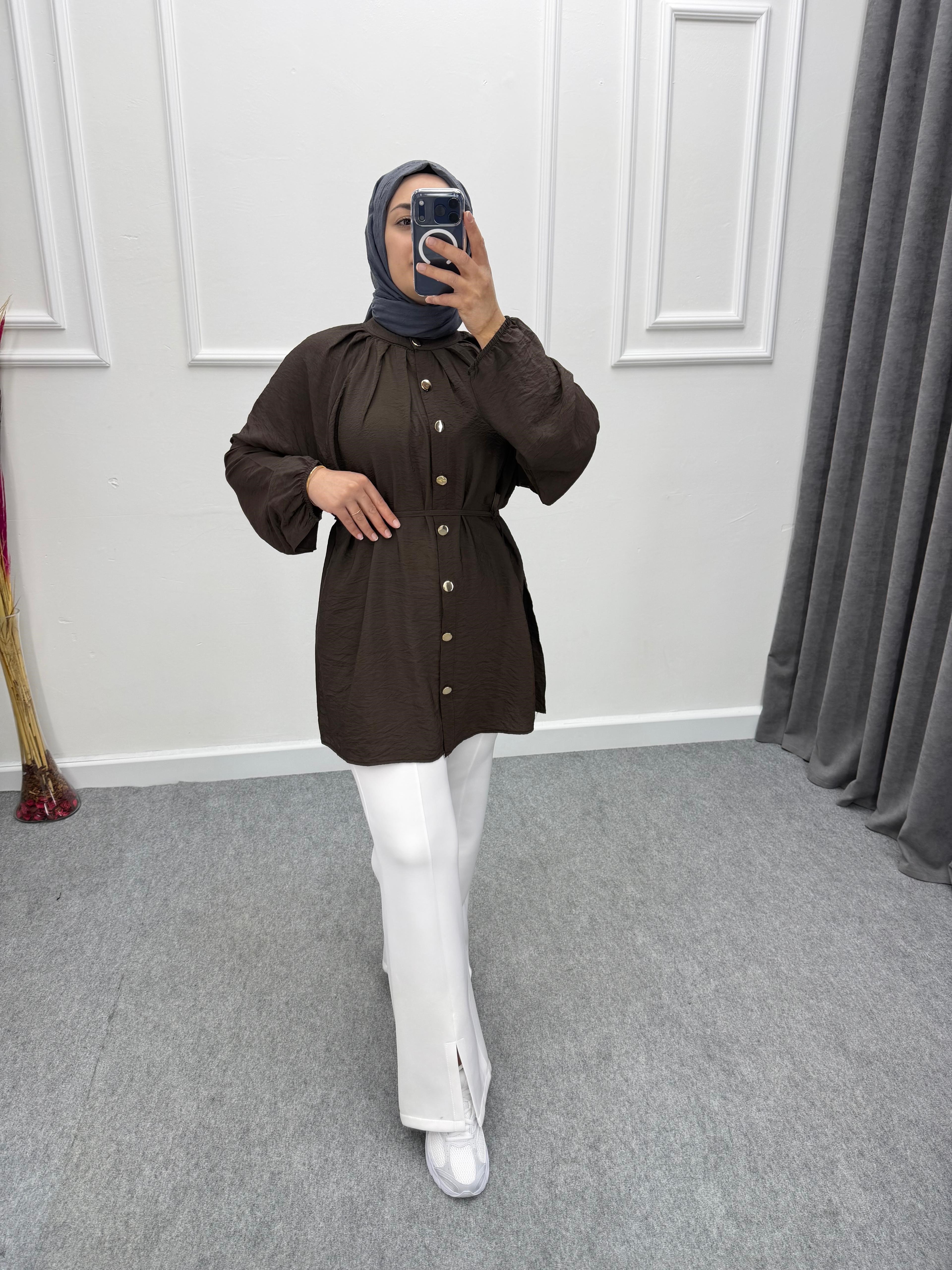 Kahve Gold Düğmeli Çilek Kumaş Gömlek