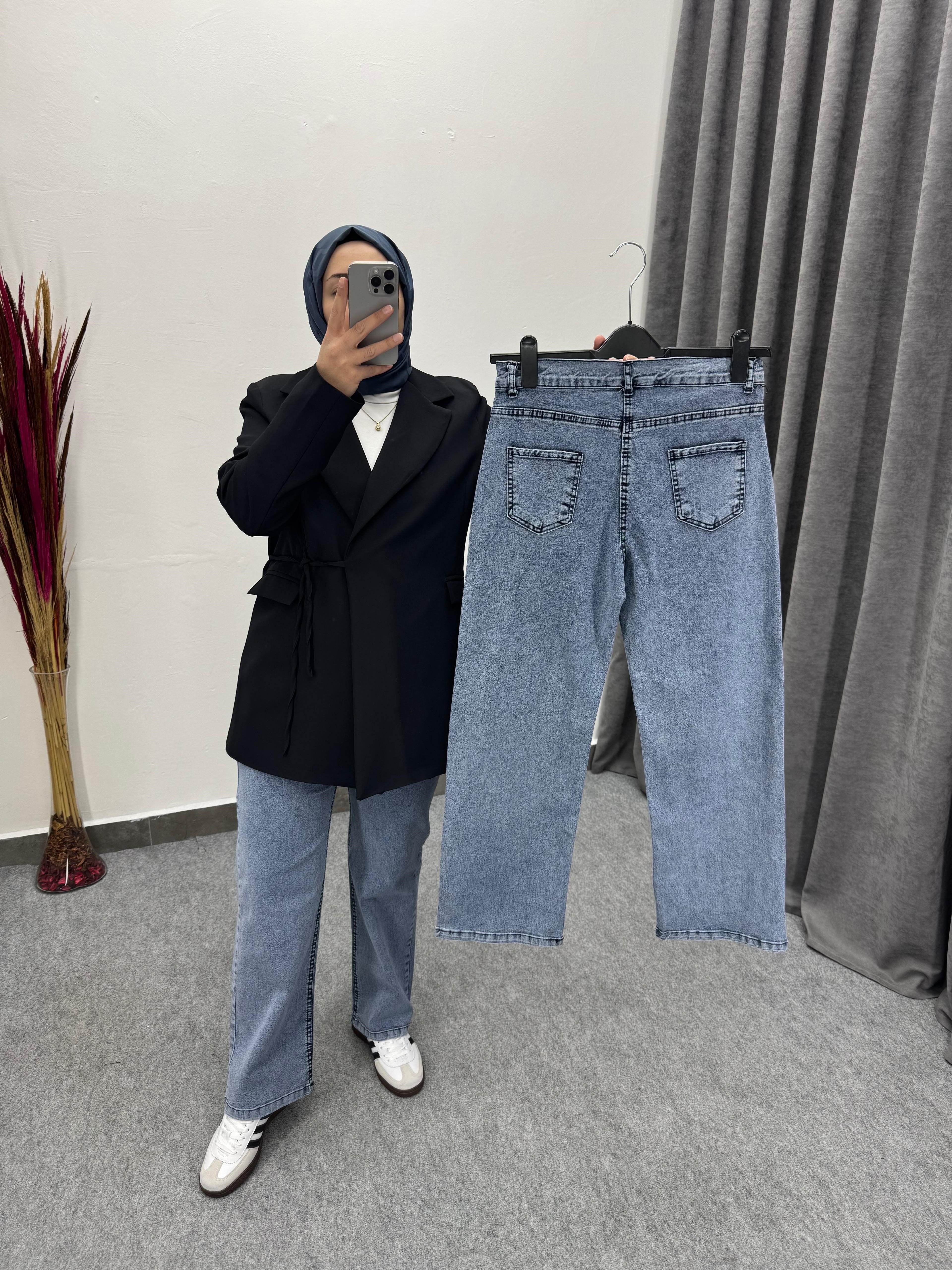 Koyu Kar Mavi Düz Palazzo Model Likralı Jean