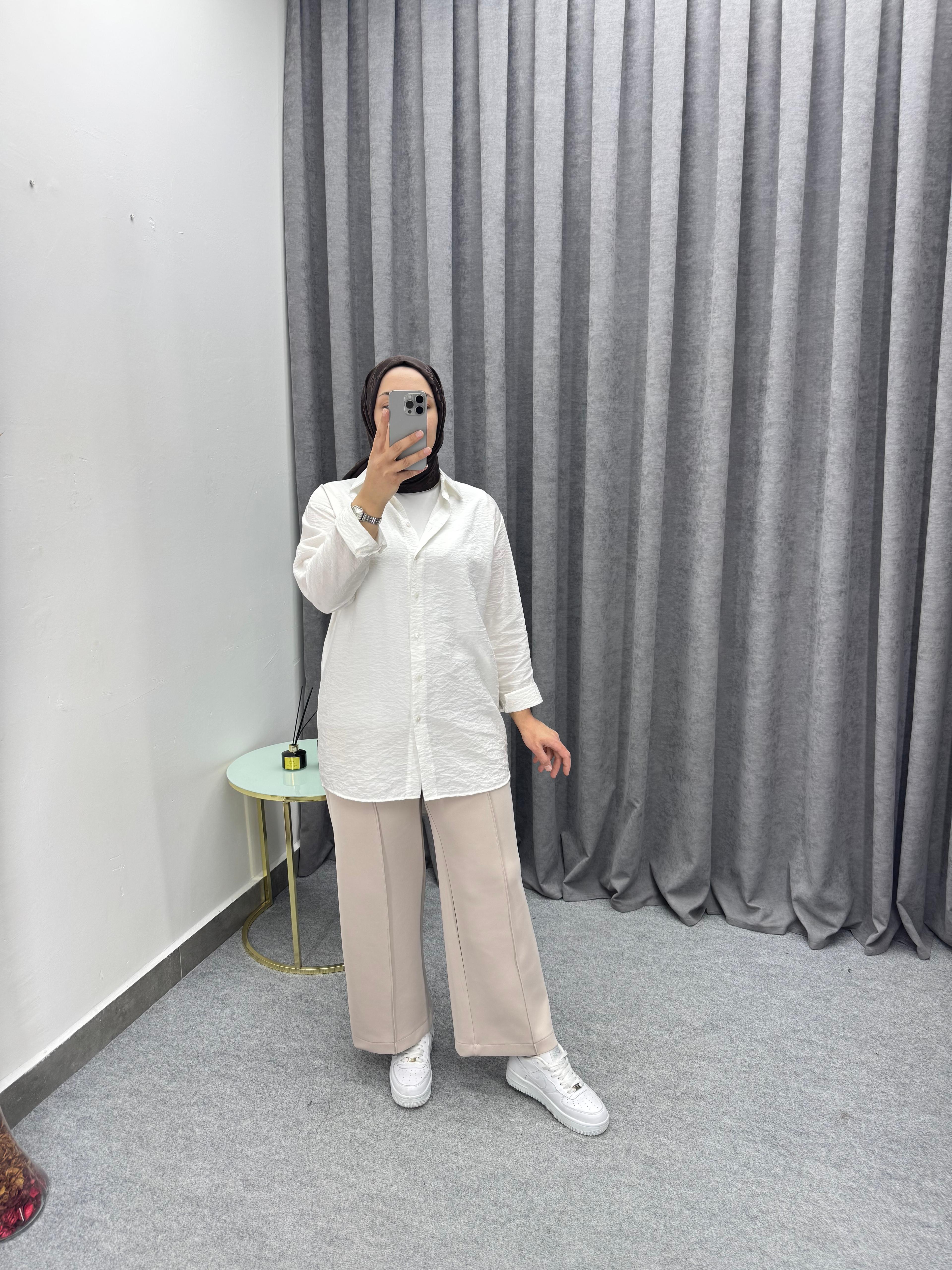 Krem Çimalı Bol Paça Pantolon