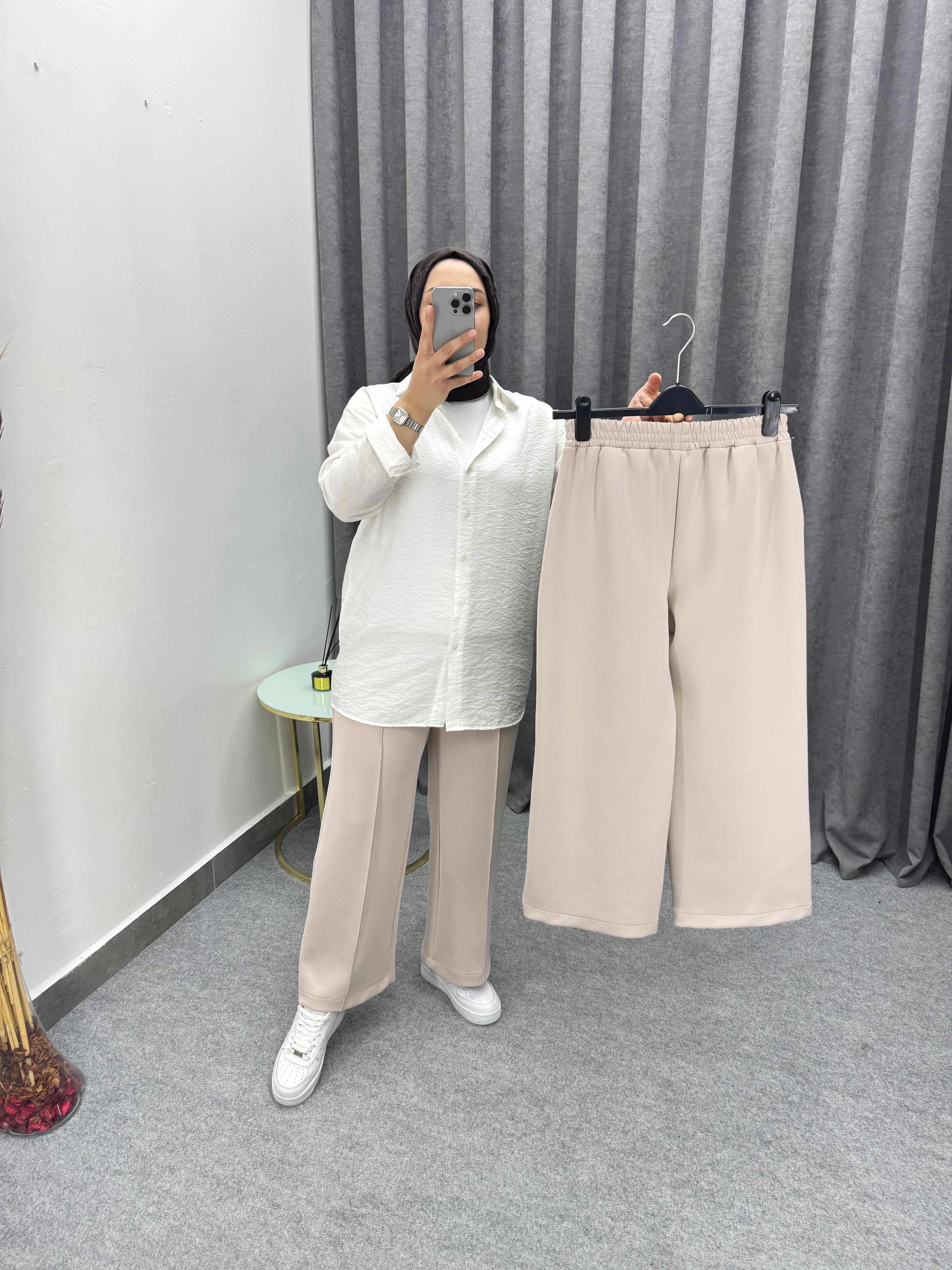 Krem Çimalı Bol Paça Pantolon