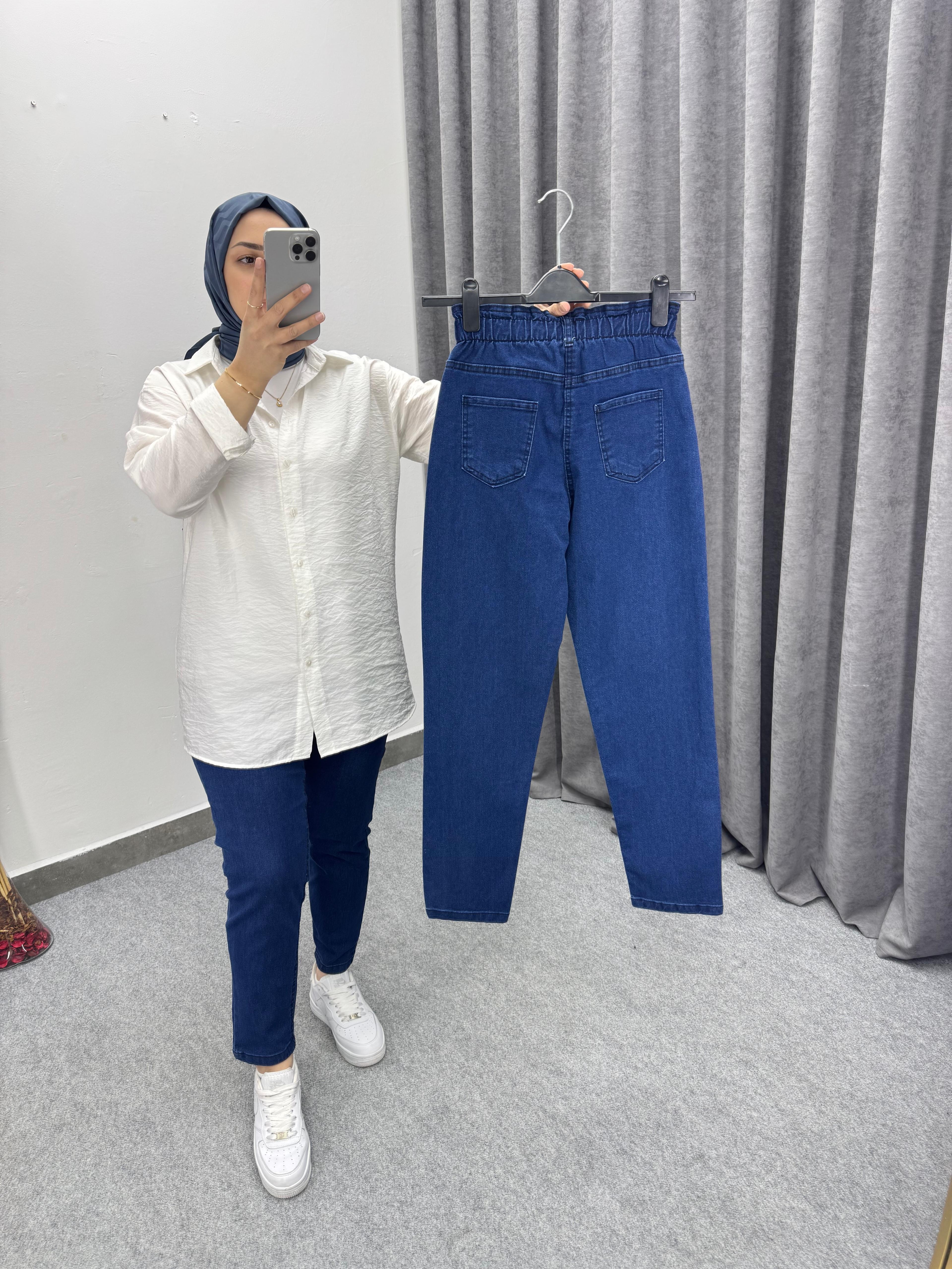 Lacivert Beli Lastikli Dar Paça Jean's