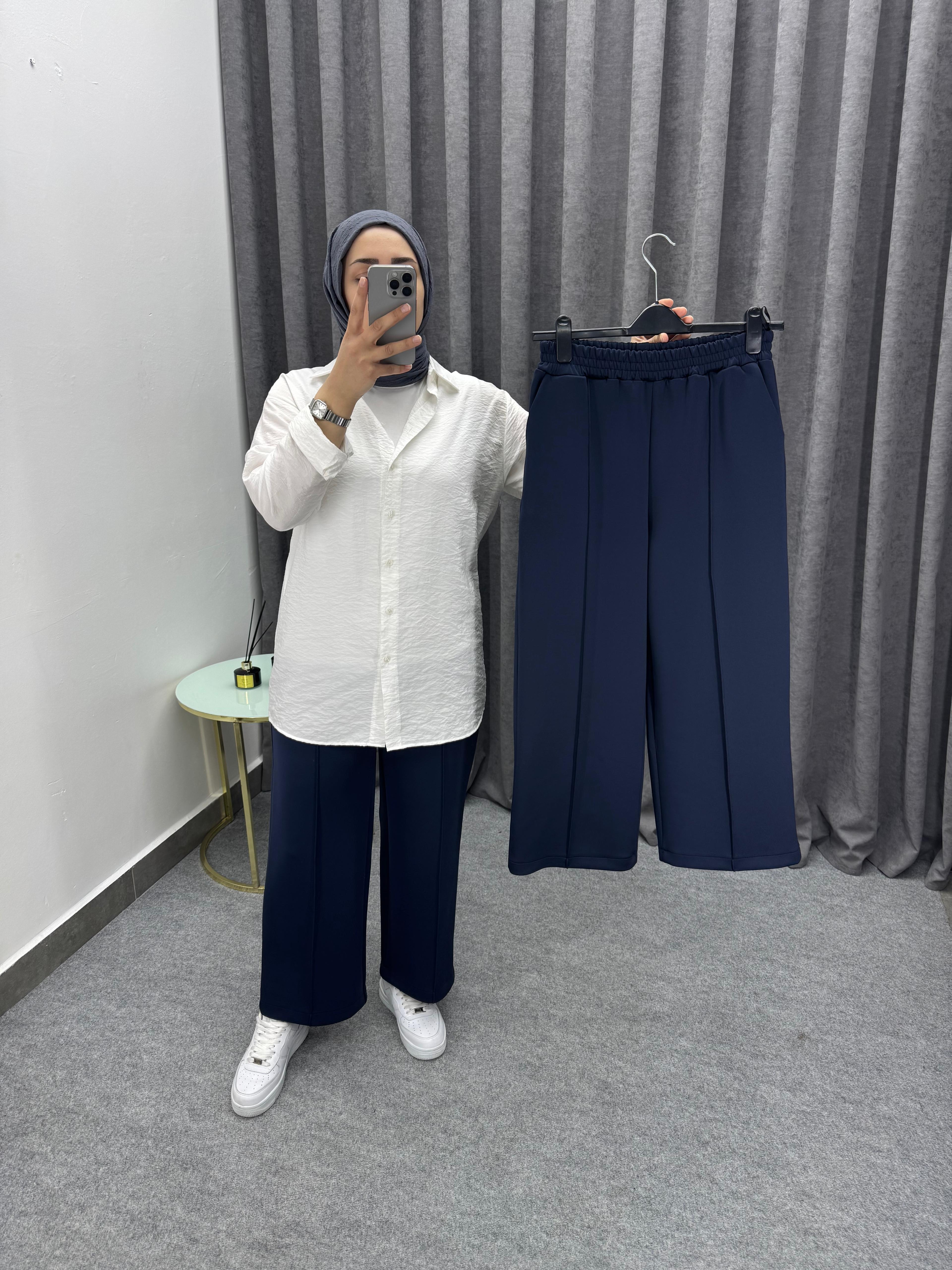 Lacivert Çimalı Bol Paça Pantolon