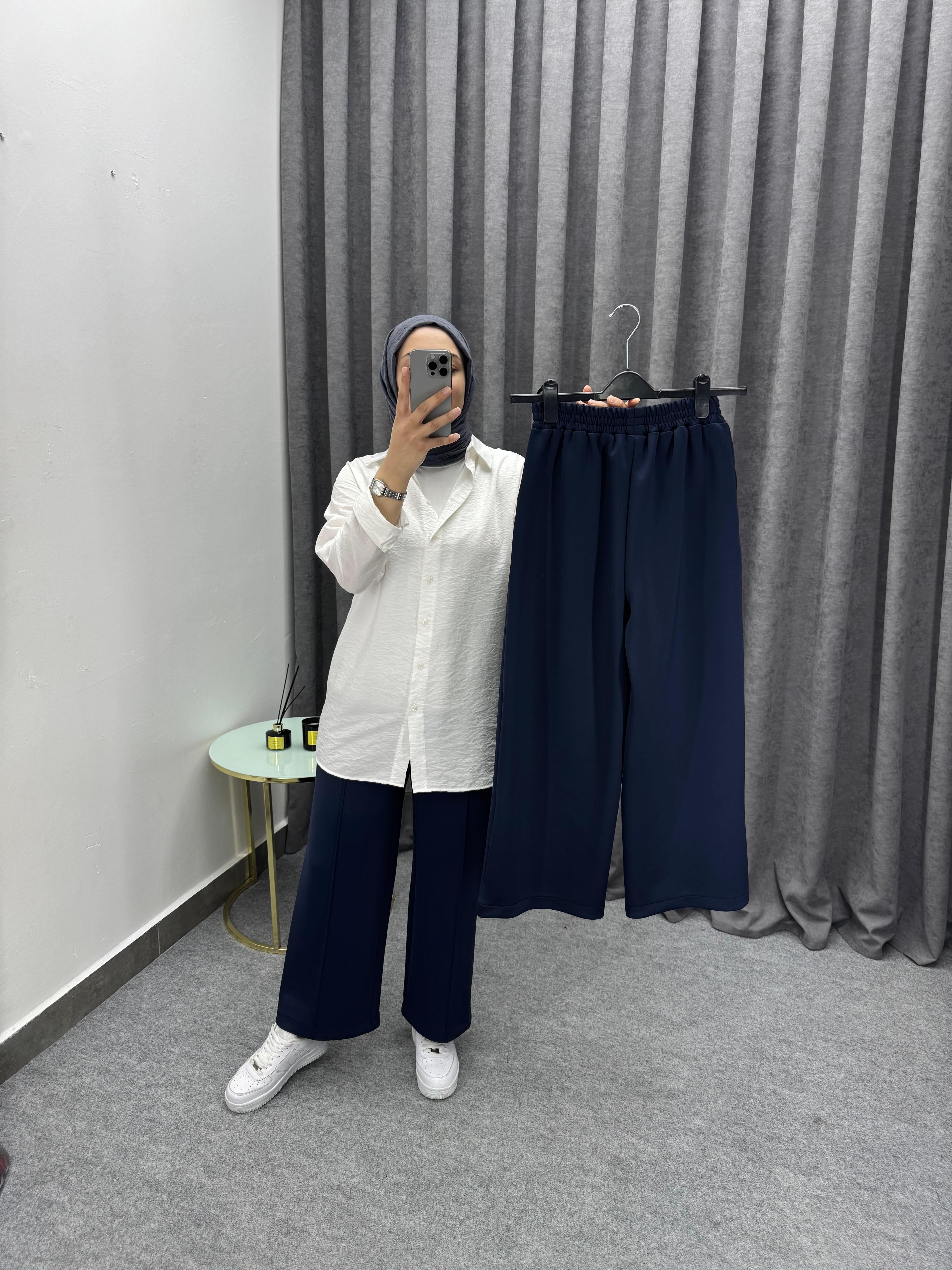Lacivert Çimalı Bol Paça Pantolon