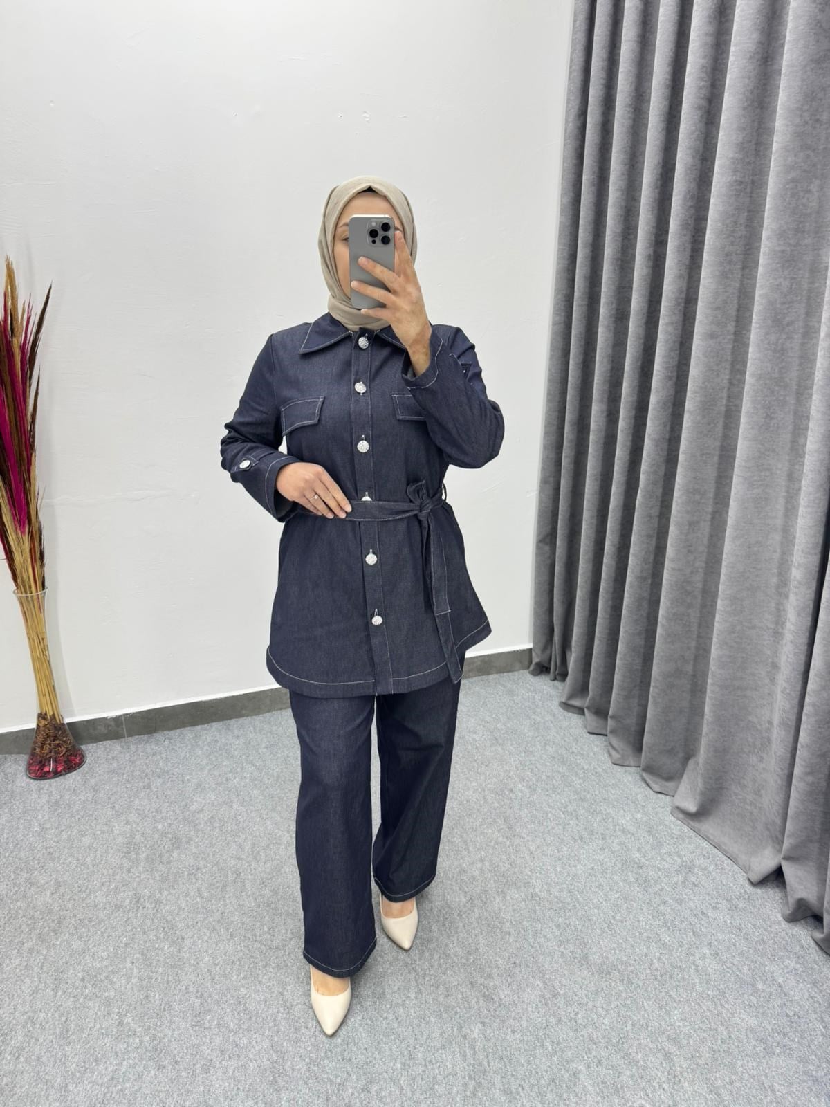 Lacivert Denim Seyyar Kemerli Takım