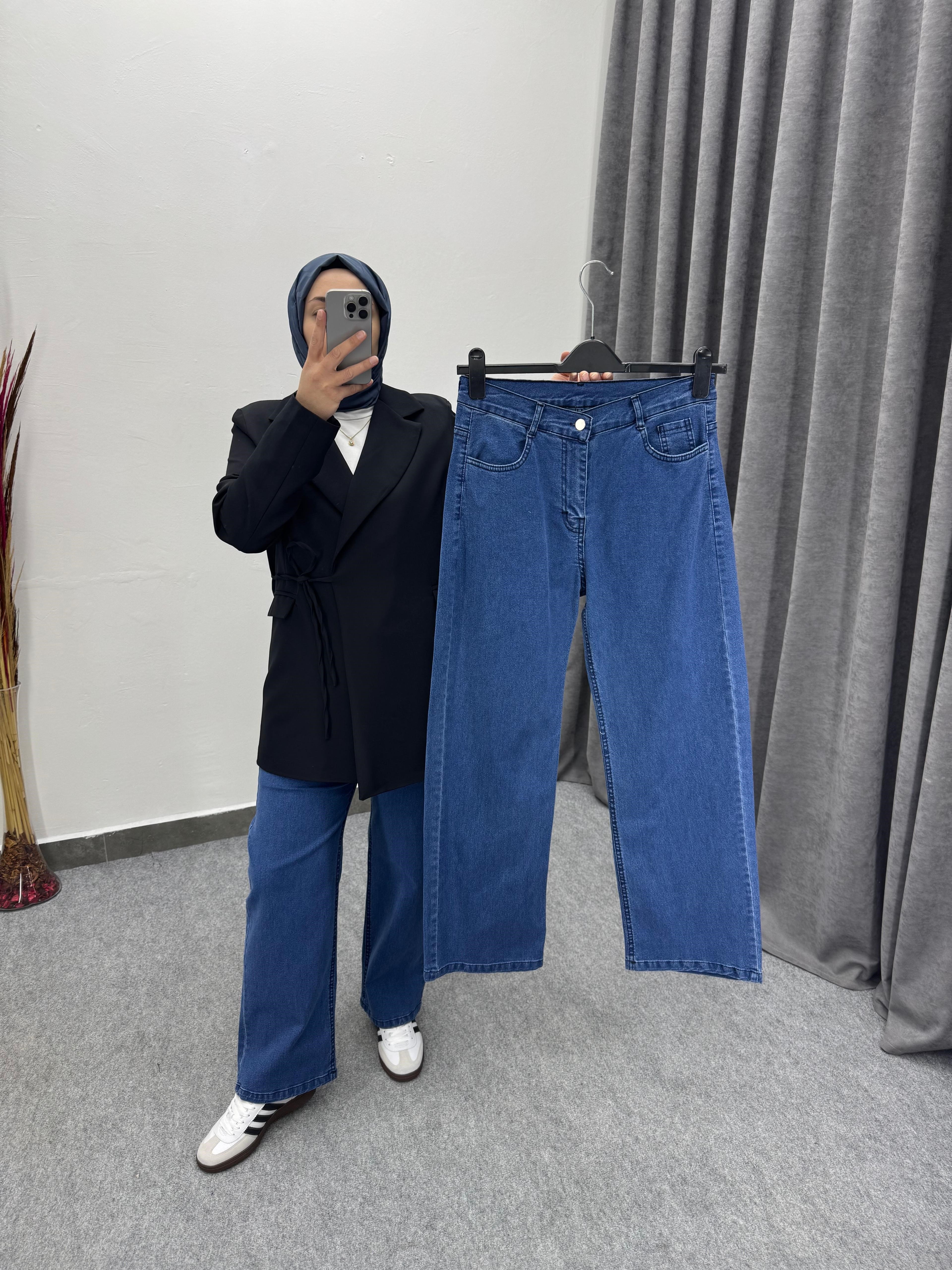 Lacivert Düz Palazzo Model Likralı Jean