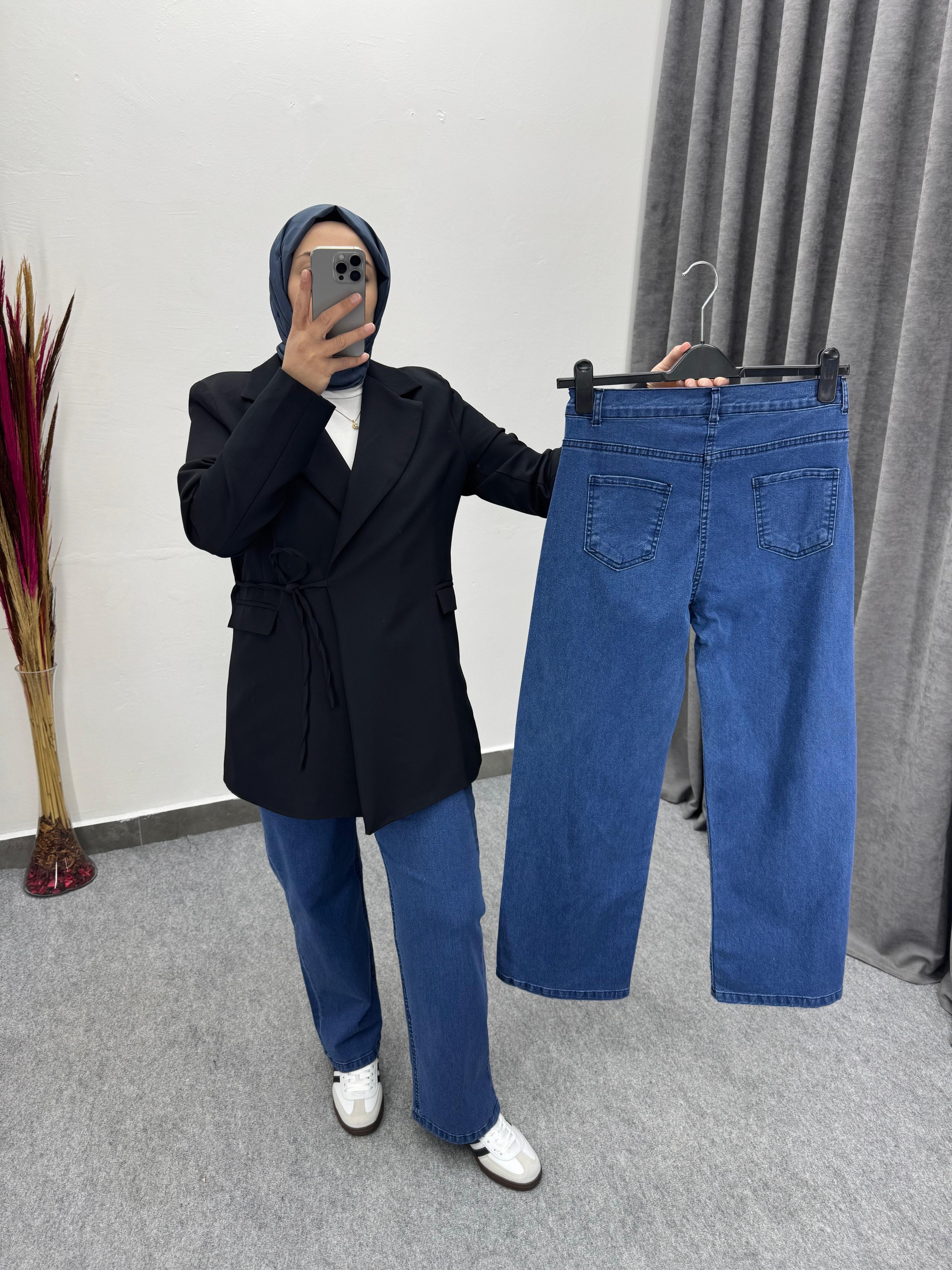 Lacivert Düz Palazzo Model Likralı Jean